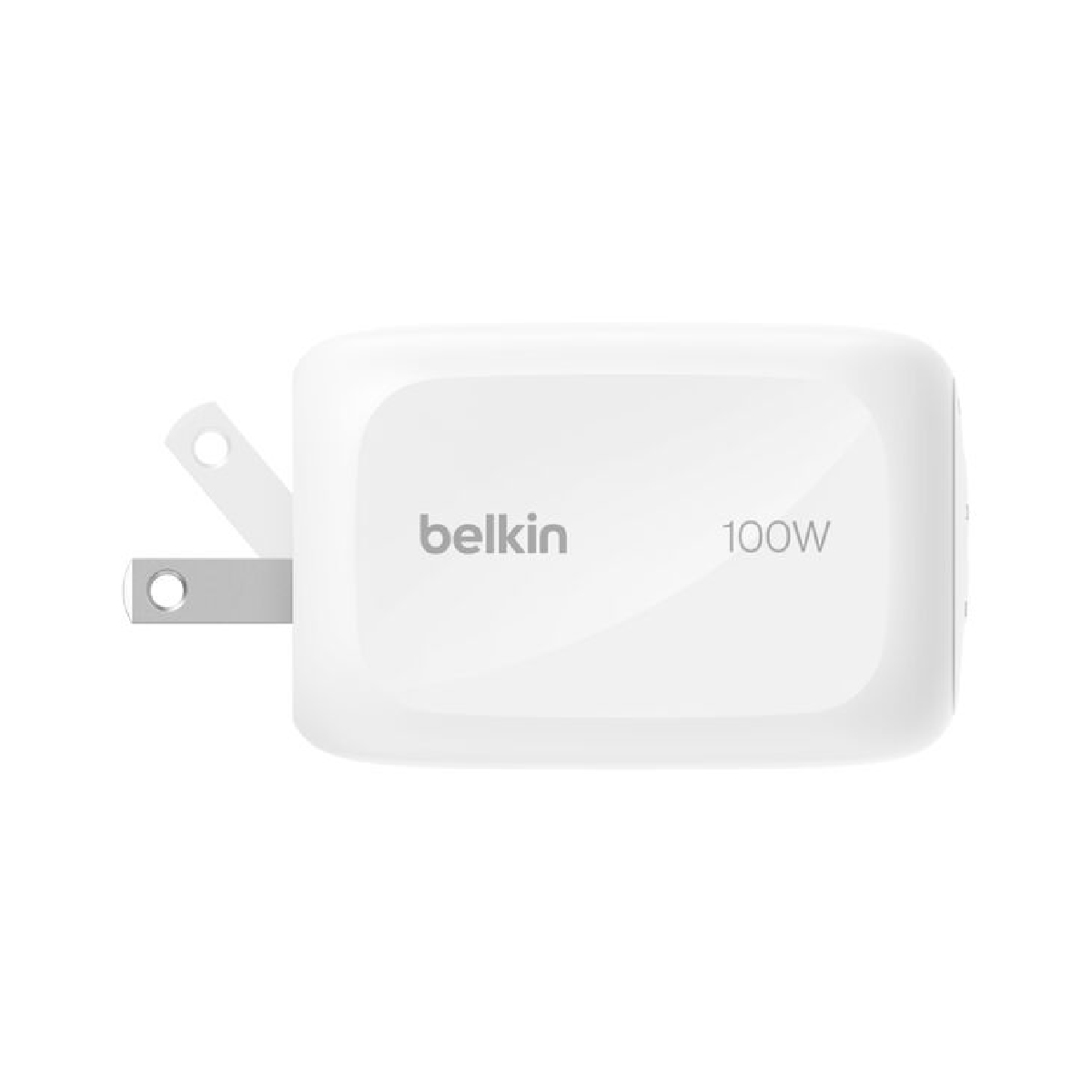 White Belkin 100W USB-C wall charger with foldable prongs.