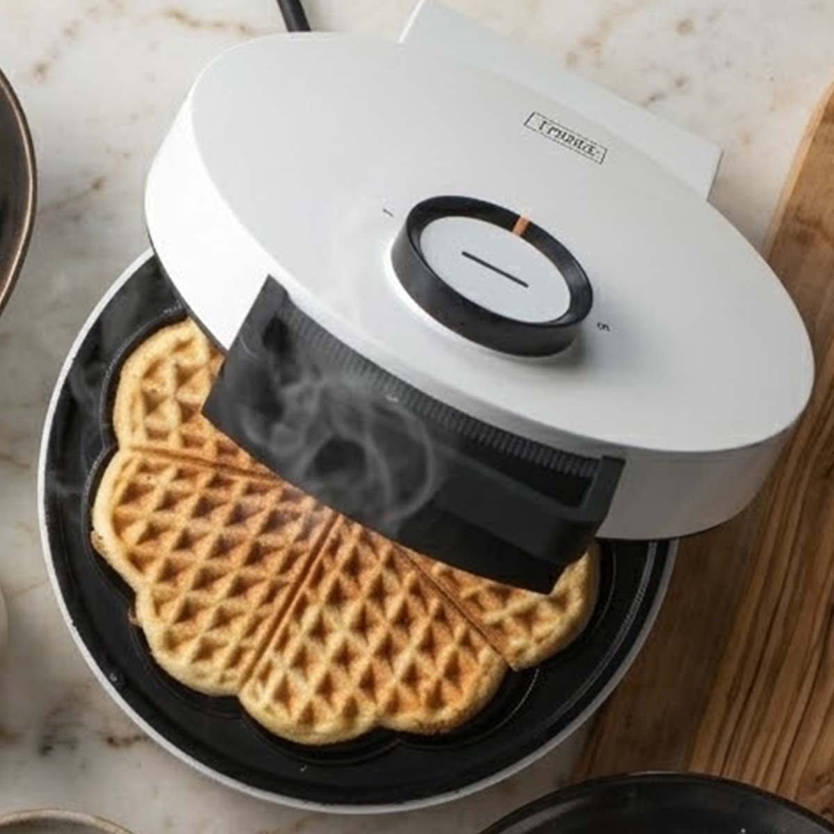 Ein weißes Waffeleisen steht auf einer Theke, während Dampf von einer frisch gebackenen, goldbraunen Waffel aufsteigt.
