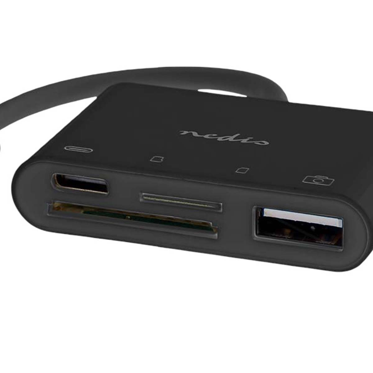 Hub USB Nedis nero con più porte e un cavo collegato su sfondo bianco.