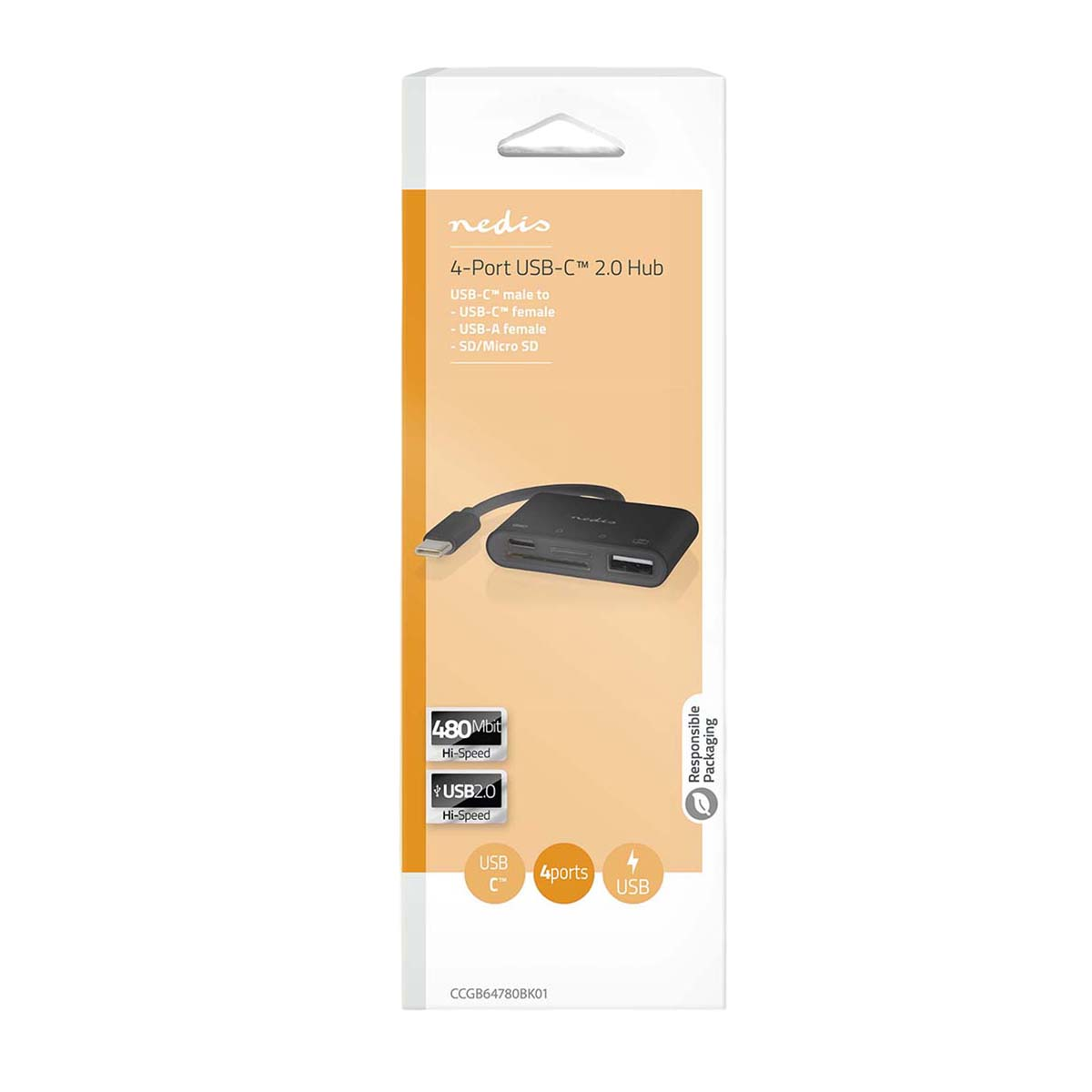Scatola bianca e arancione dell'hub USB-C 2.0 a 4 porte Nedis, con immagine del prodotto e specifiche.