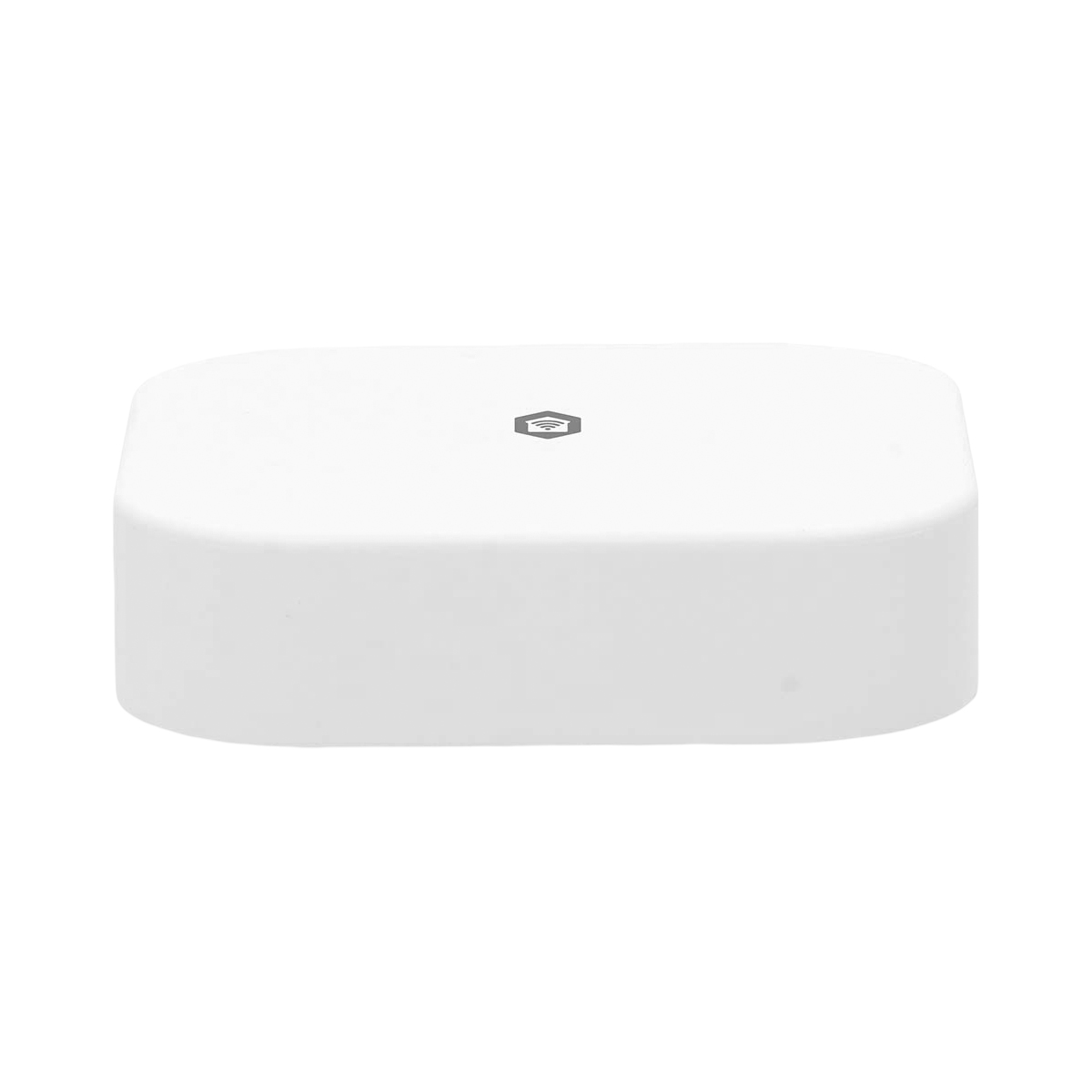 Ein weißes, flaches Smart-Home-Hub mit abgerundeten Ecken und einem kleinen grauen Logo oben.