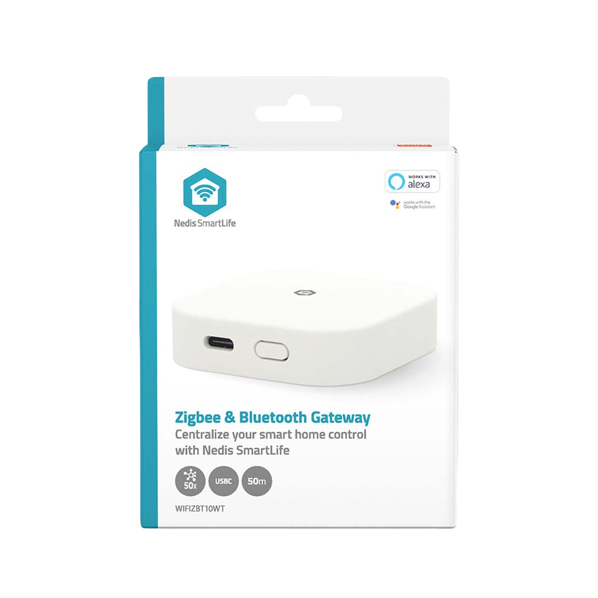 Produktverpackung eines weißen Nedis SmartLife Zigbee und Bluetooth Gateways mit Logo und Funktionssymbolen.