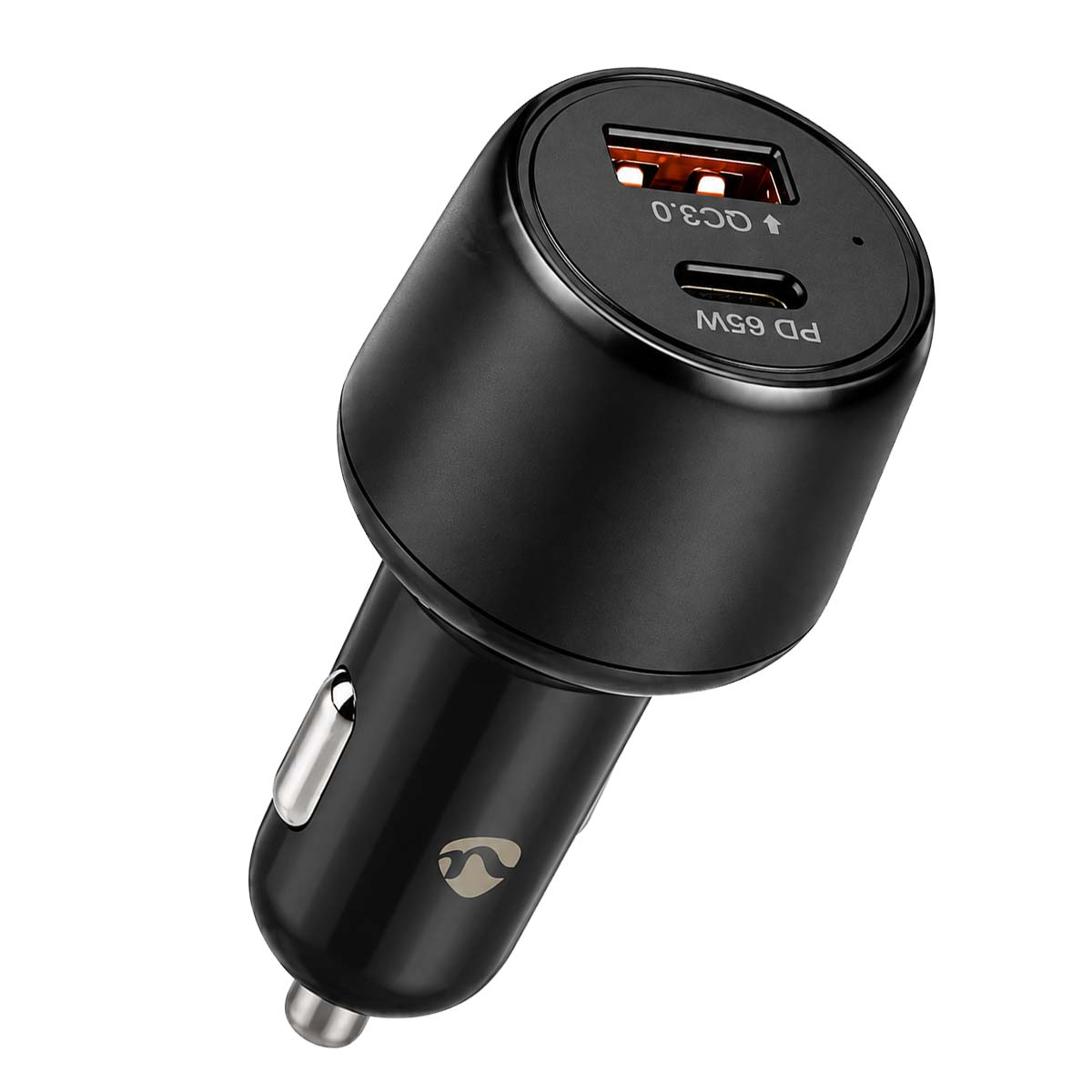 Schwarzes Autoladegerät mit USB-A QC 3.0 und USB-C PD 65W Anschlüssen.