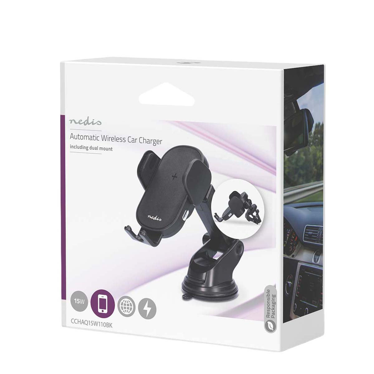 Verpackung eines automatischen kabellosen Autoladegeräts mit Halterung auf weißem Hintergrund.