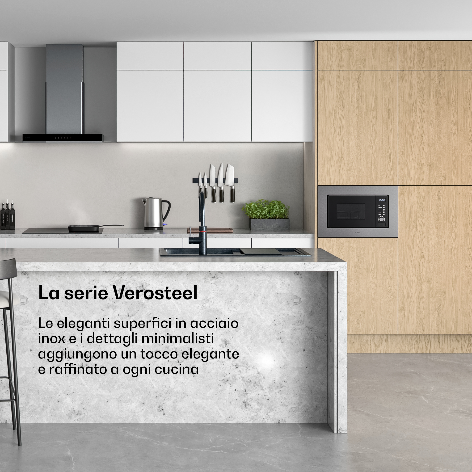 Cucina moderna con isola in marmo, mobili bianchi e in legno, lavello nero e microonde incassato.