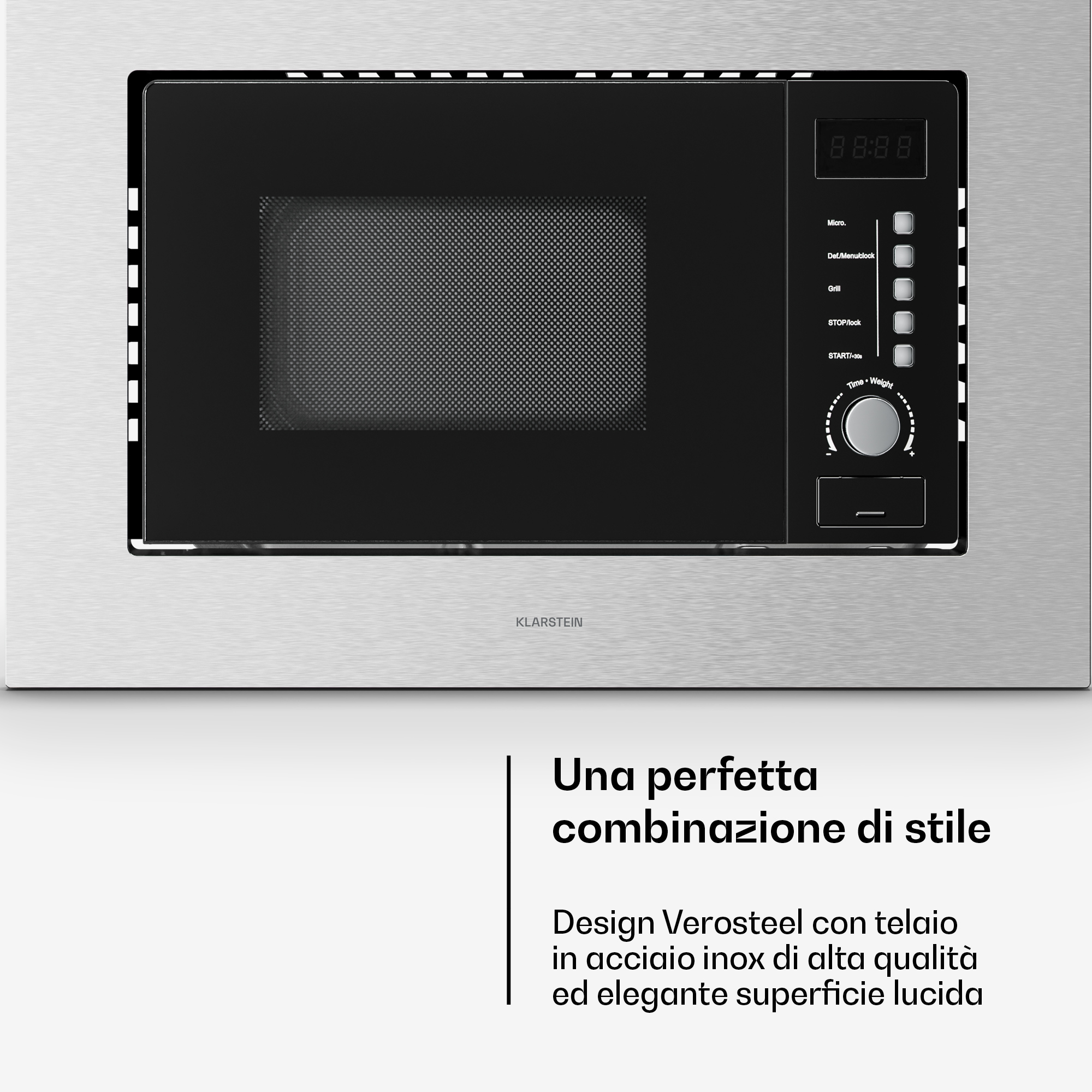 Microonde da incasso in acciaio inox con porta nera, display digitale, pulsanti e manopola.