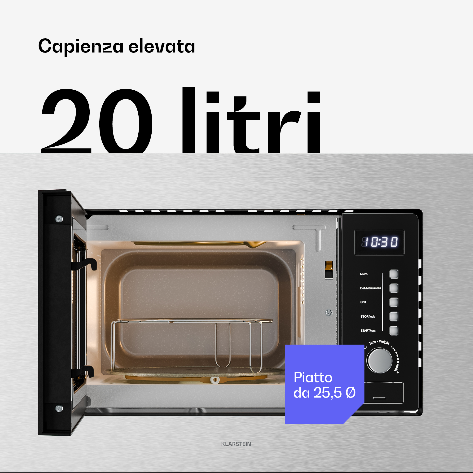 Microonde in acciaio inox con cavità aperta, griglia e pannello di controllo digitale.