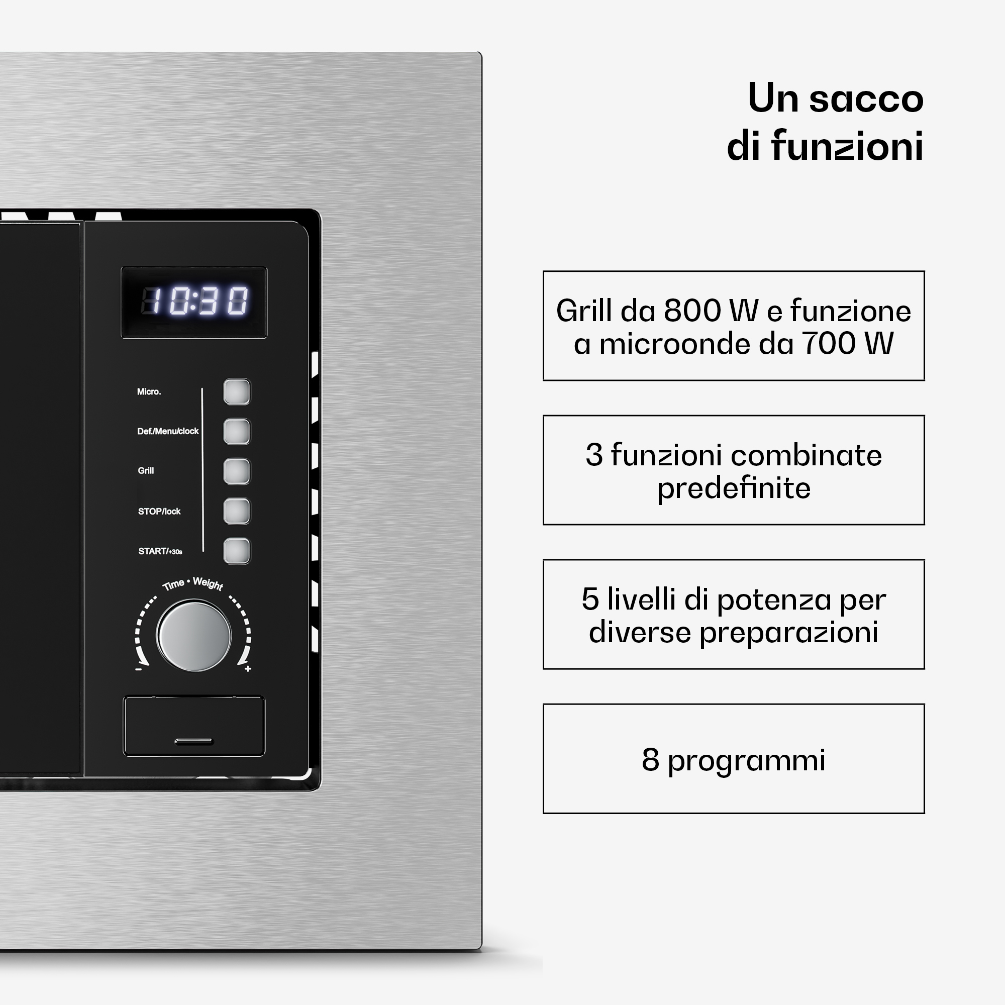 Pannello di controllo microonde in acciaio inox con display digitale, pulsanti e funzioni.