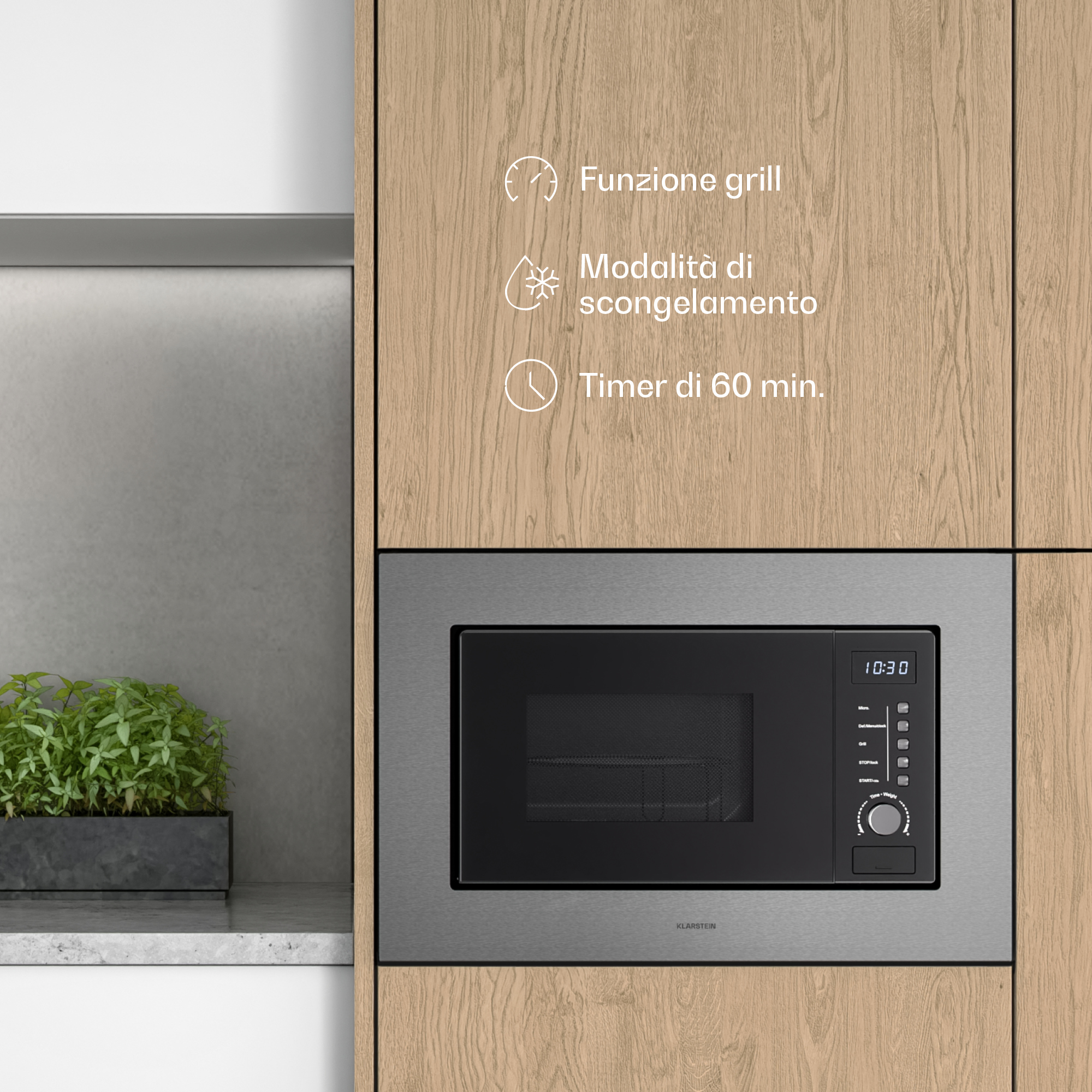 Microonde da incasso con funzione grill e timer in cucina in legno.