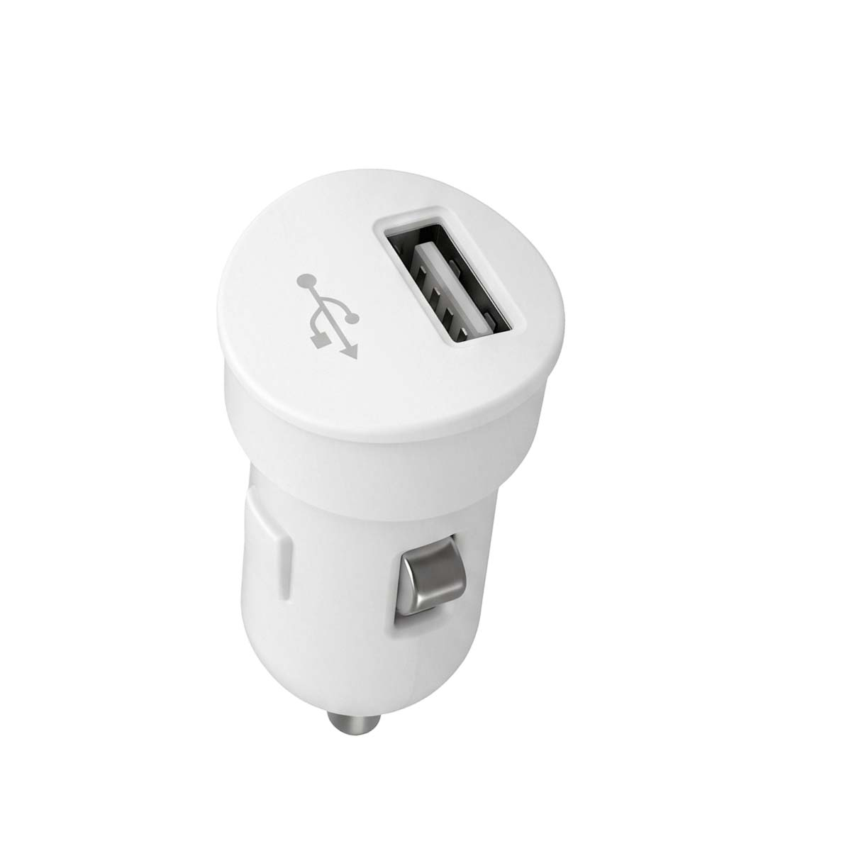 Un caricabatterie USB per auto bianco con una singola porta USB e un simbolo USB in alto, su sfondo bianco.
