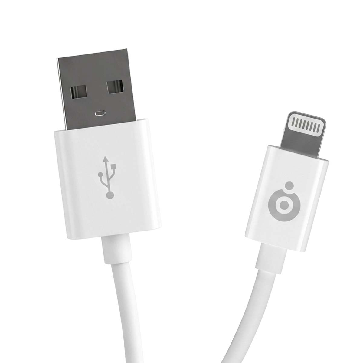Un cavo bianco da USB-A a Lightning su sfondo bianco.