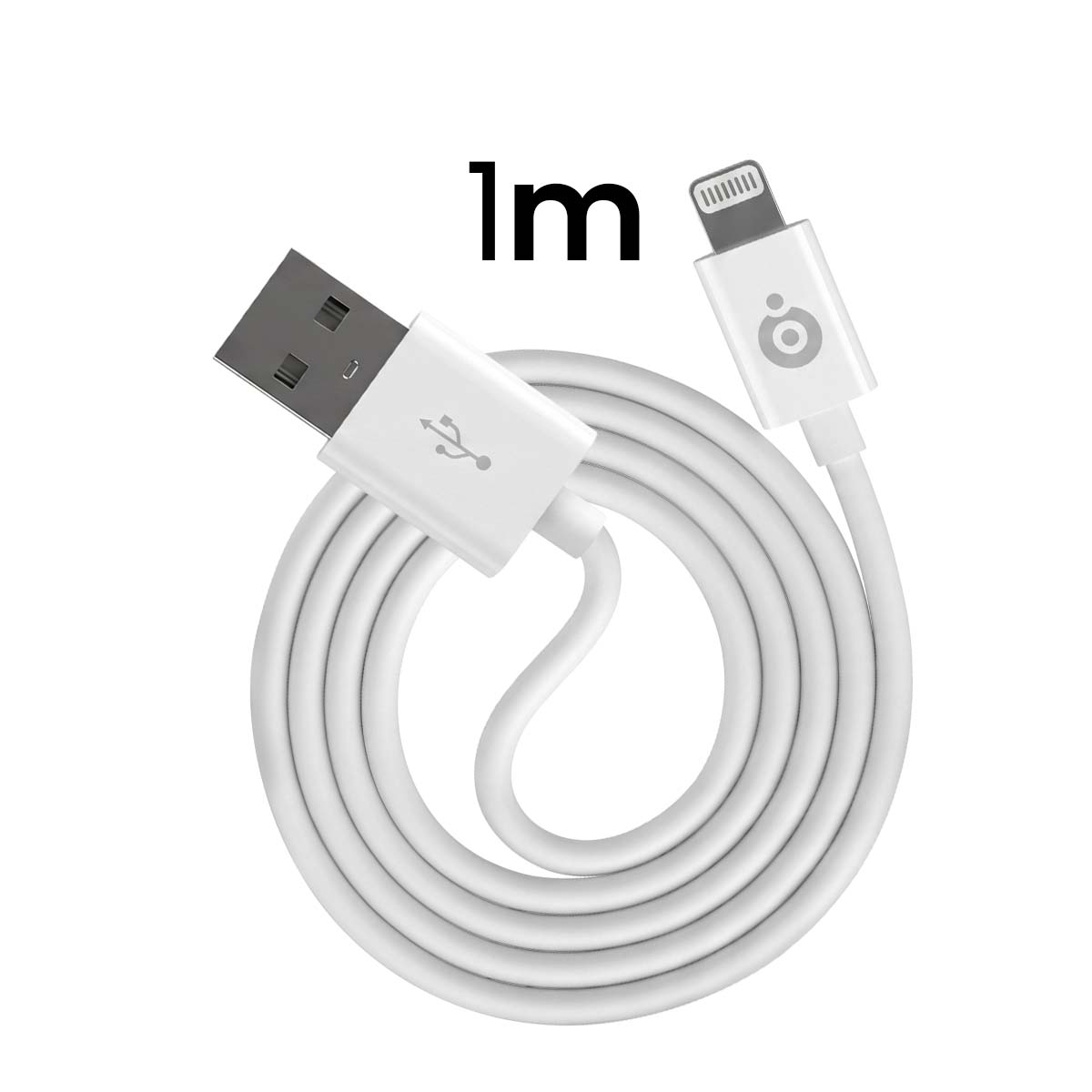 Un cavo di ricarica bianco da 1m con connettori USB-A e Lightning su fondo bianco.