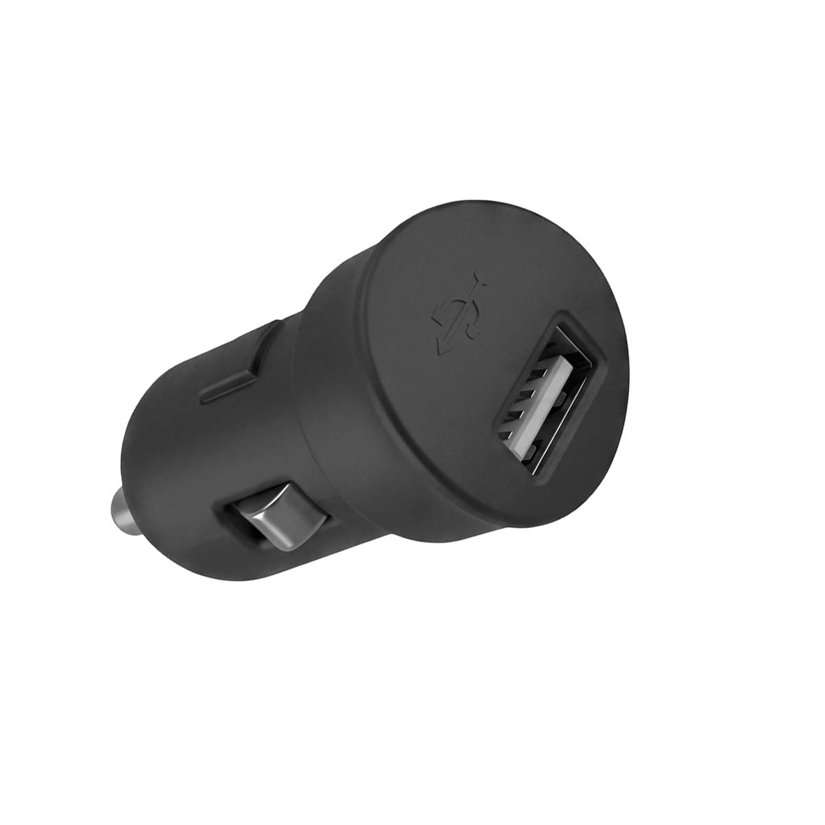 Un caricabatterie per auto USB nero con una singola porta USB e contatti in metallo argentato su sfondo bianco.