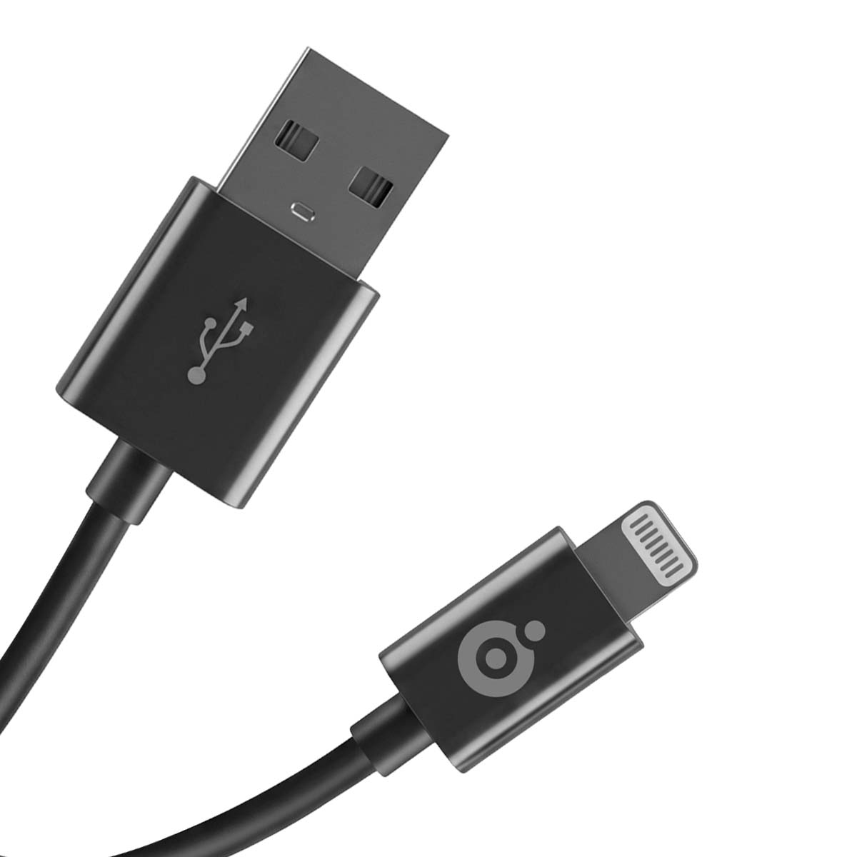 Un cavo USB-A nero e un cavo lightning su sfondo bianco.