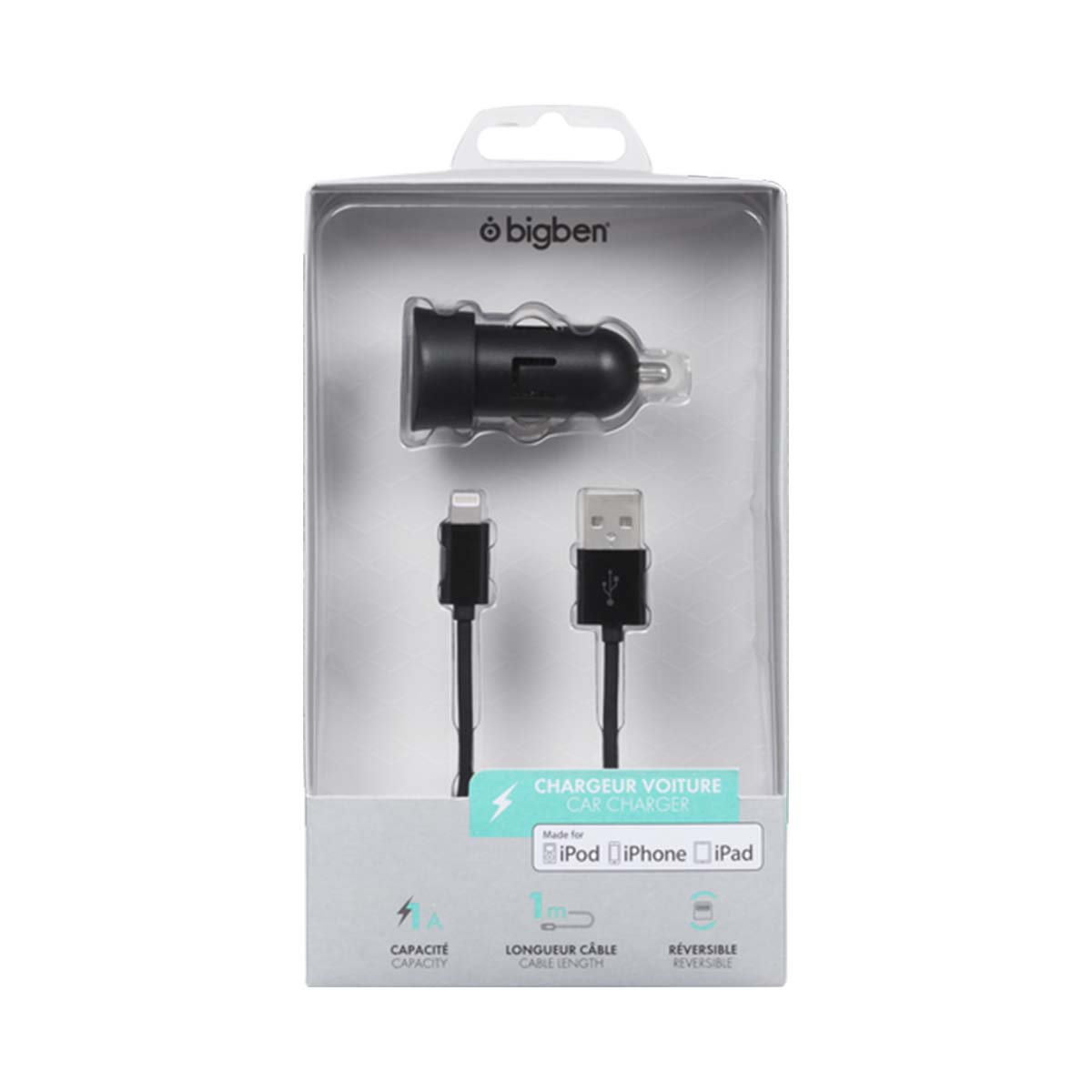 Confezione di un caricabatterie da auto Bigben con cavo USB per dispositivi Apple.