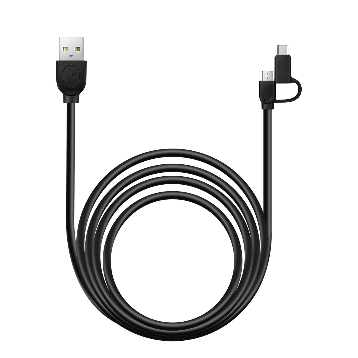 Cavo USB nero con un connettore USB-A a sinistra e connettori Micro-USB e USB-C a destra.