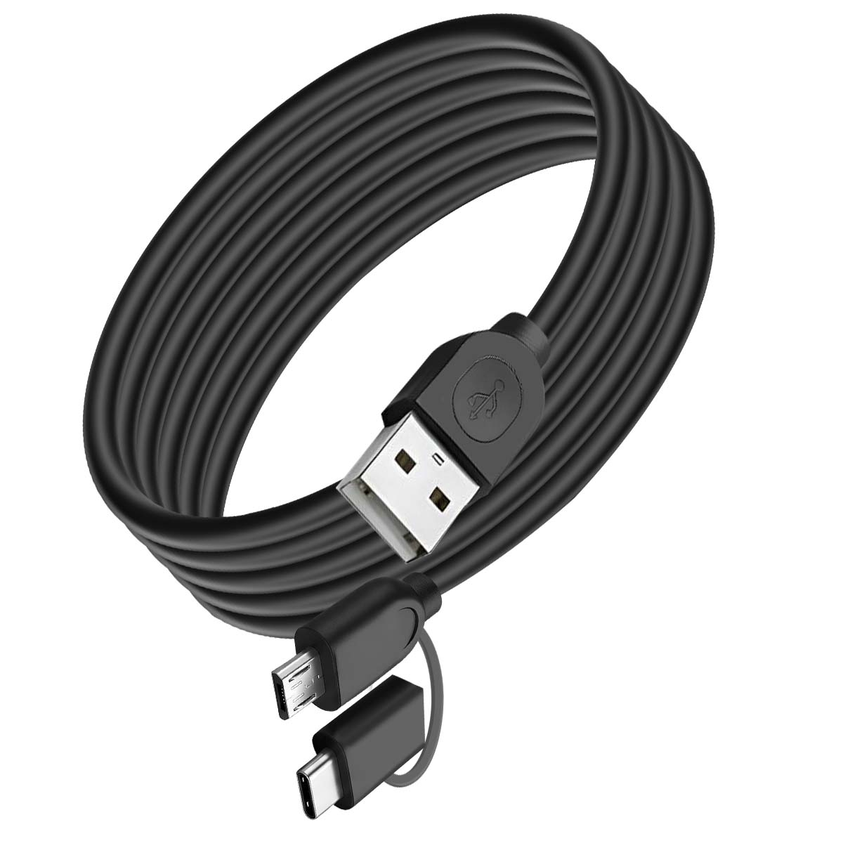 Un cavo USB nero arrotolato con connettori USB-A, micro-USB e USB-C su sfondo bianco.