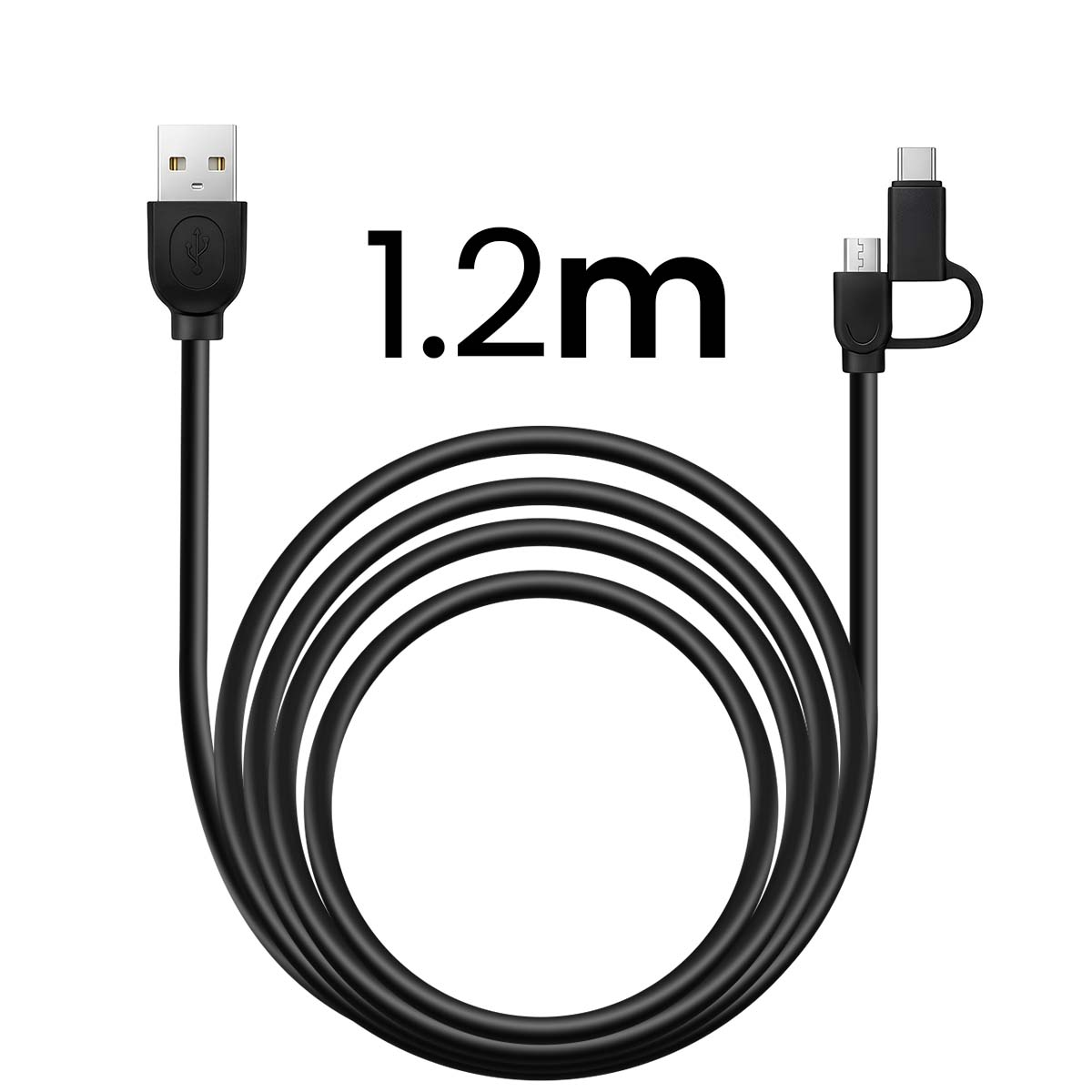 Cavo USB nero da 1,2 m con USB-A a un'estremità e doppi connettori all'altra.