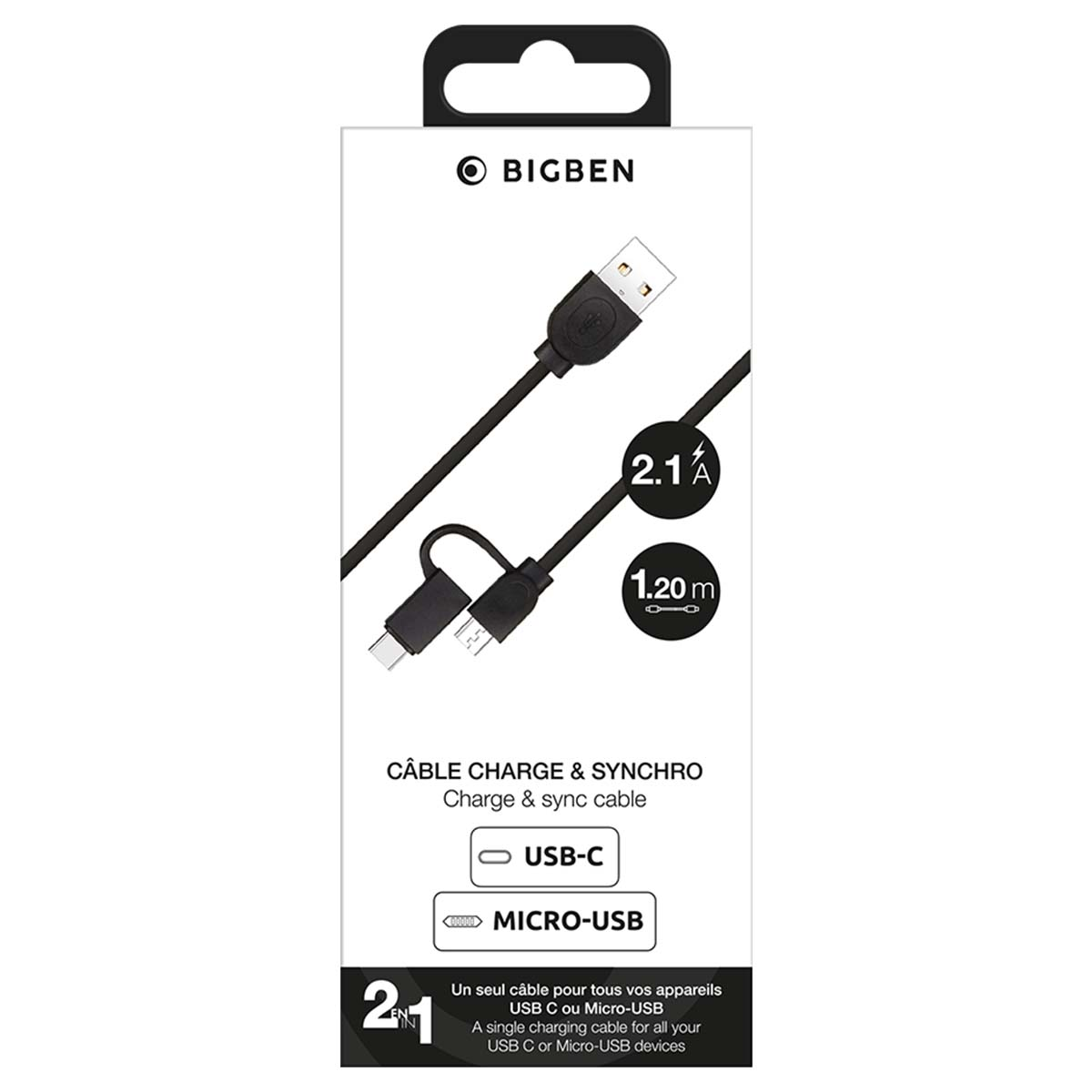 Confezione di cavo di ricarica USB nero 2 in 1 Bigben con connettori USB-C e Micro-USB, 2.1A, 1.20m.