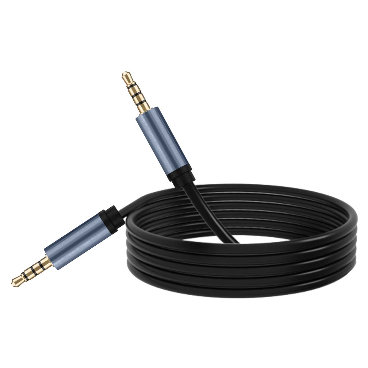 Un cavo audio aux nero arrotolato ordinatamente con connettori jack da 3,5 mm blu metallizzato e oro.