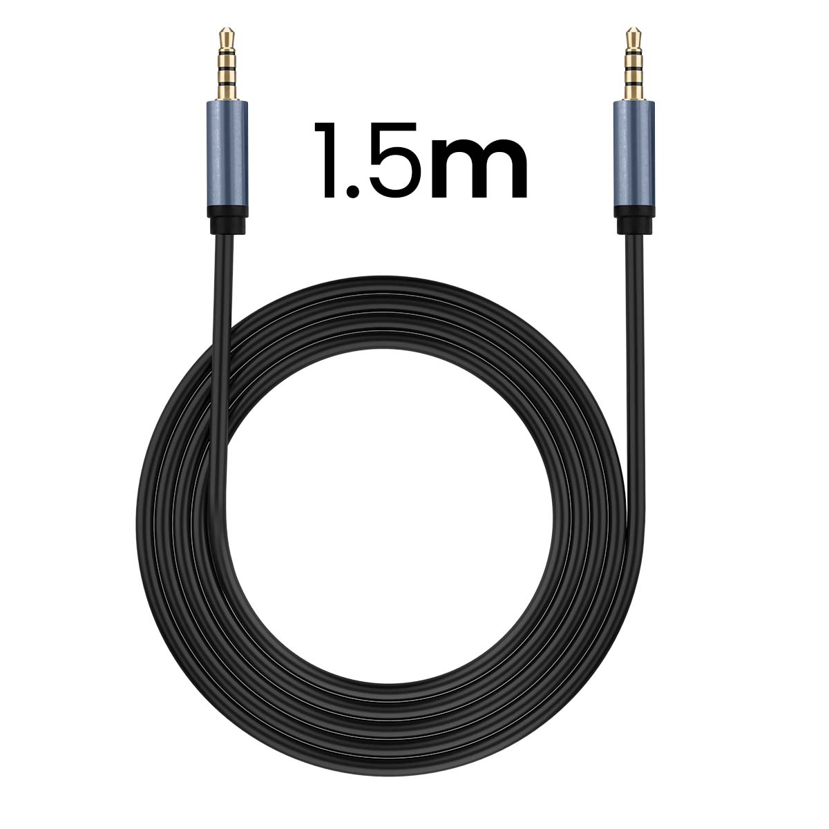 Un cavo aux nero da 1,5 metri con connettori metallici su sfondo bianco.