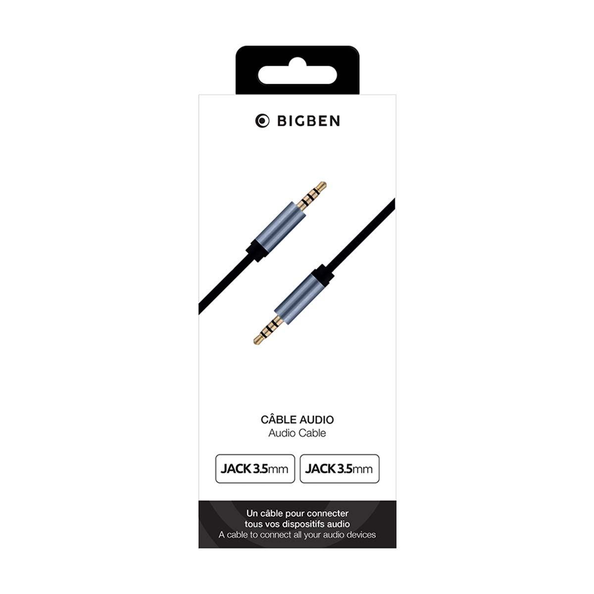 Confezione di un cavo audio nero Bigben da 3,5 mm su sfondo bianco.