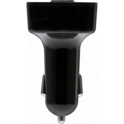 Un caricabatterie per auto nero lucido con una porta USB e contatti metallici su sfondo bianco.