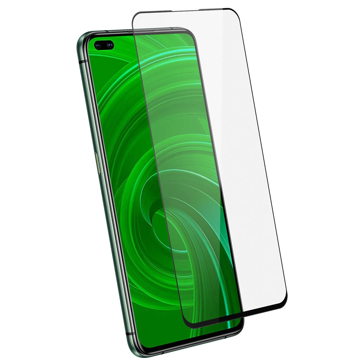Uno smartphone con schermo verde e una pellicola protettiva in vetro temperato davanti.