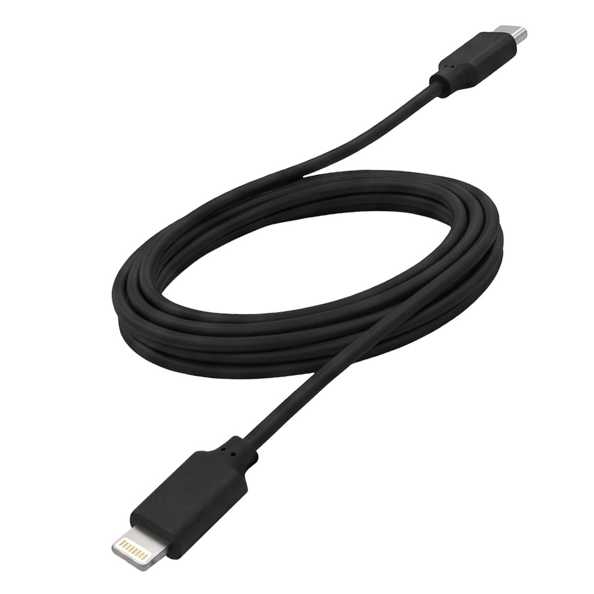 Un cavo di ricarica nero con connettori USB-C e Lightning su sfondo bianco.