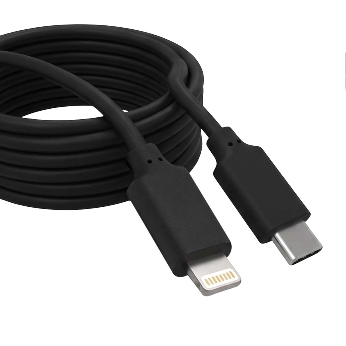 Un cavo di ricarica nero arrotolato con connettori USB-C e Lightning è mostrato ordinatamente su sfondo bianco.