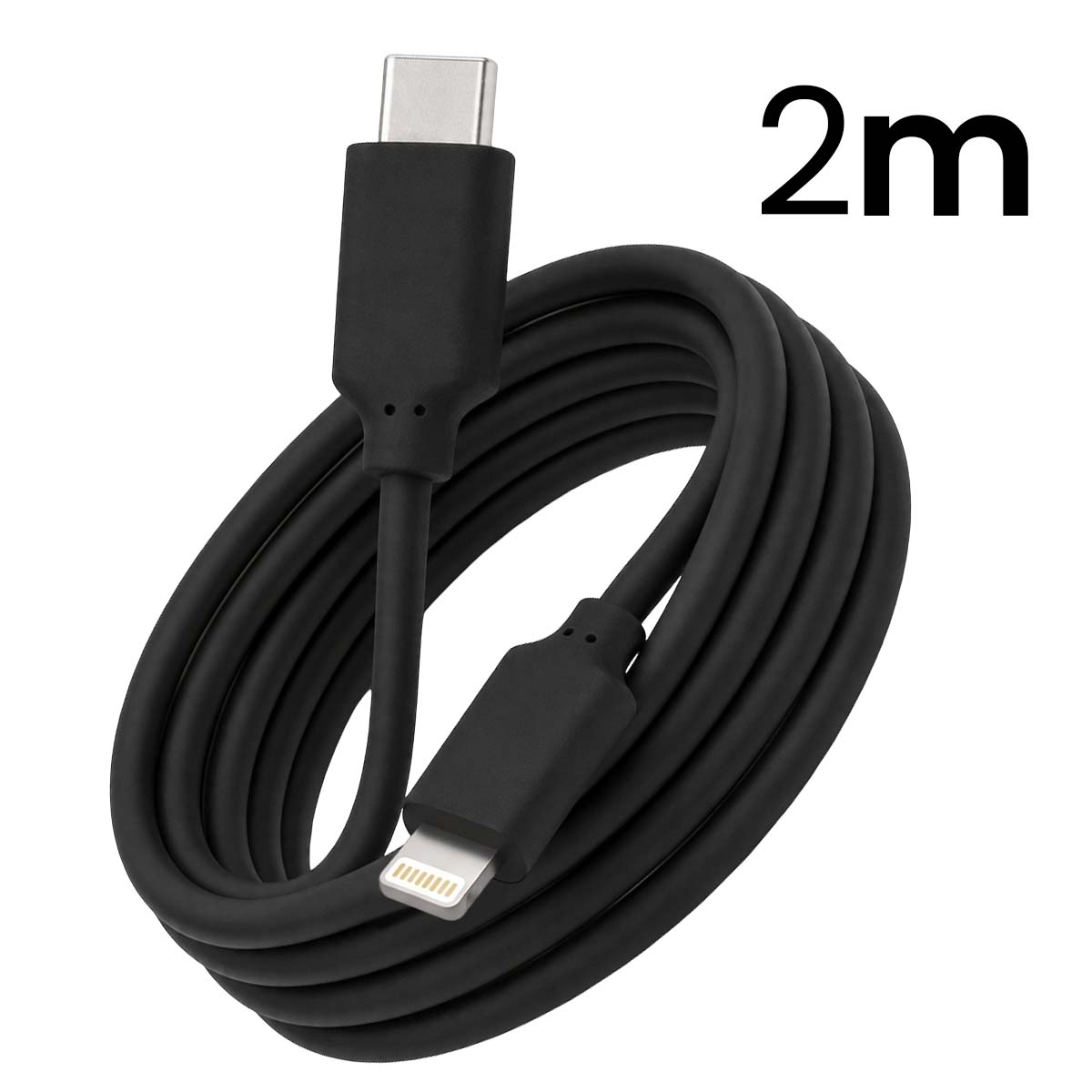 Un cavo di ricarica nero da 2m da USB-C a Lightning su sfondo bianco.