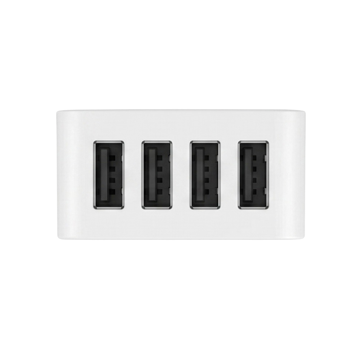 Un hub USB bianco con quattro porte USB nere su sfondo bianco.