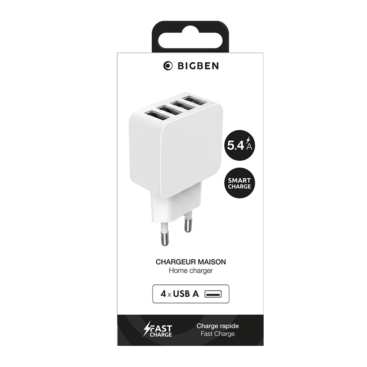 Caricatore da muro Bigben bianco con quattro porte USB-A e ricarica rapida.