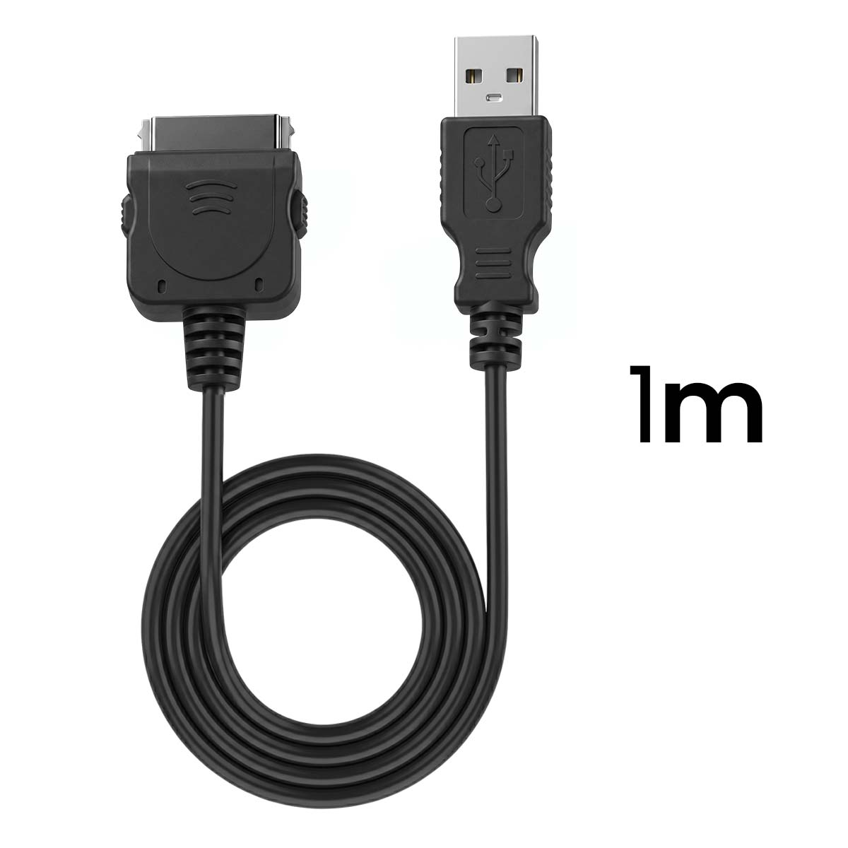 Un cavo nero da 1m da USB-A a 30 pin su sfondo bianco.