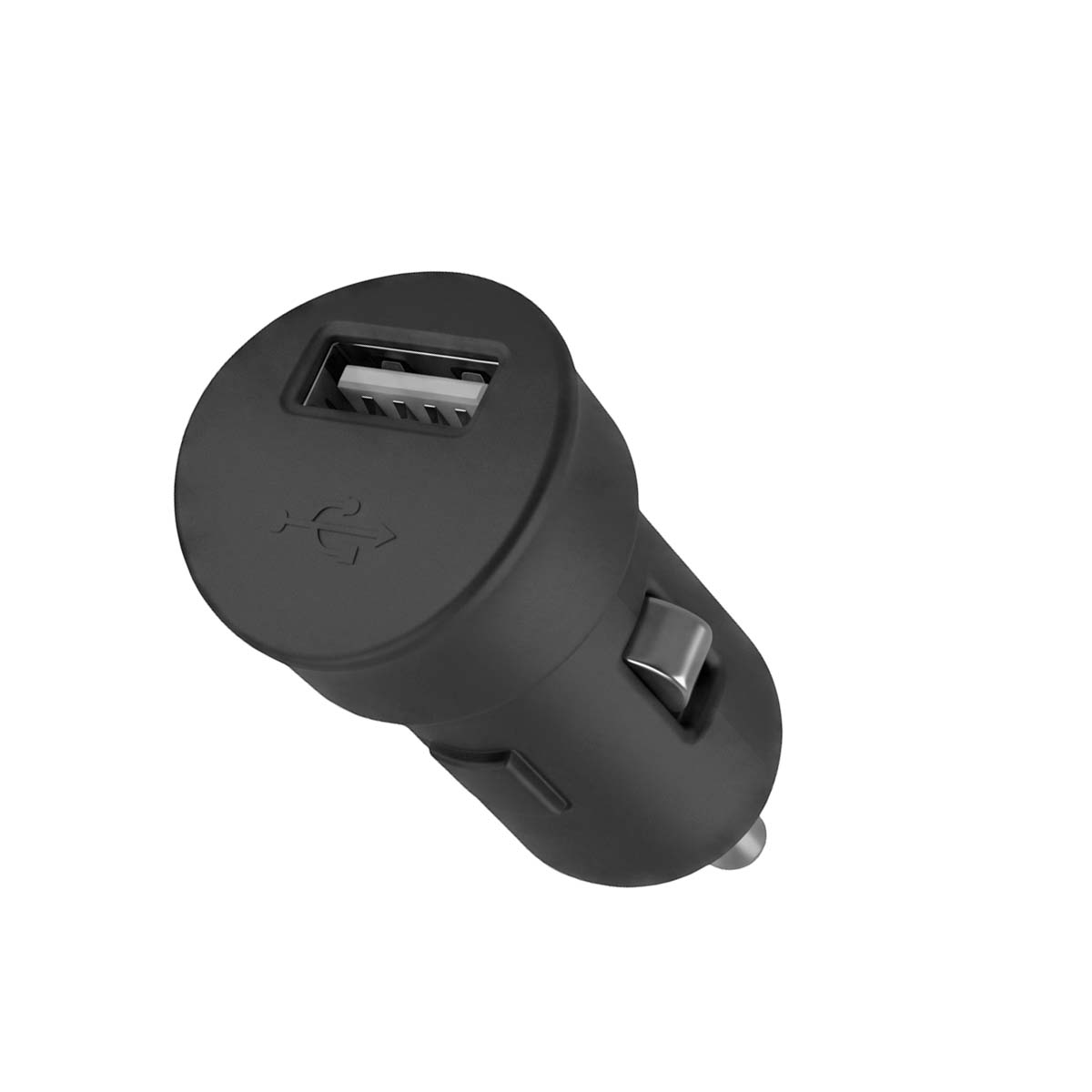 Un adattatore USB nero per auto con una porta e contatti laterali argentati, su sfondo bianco.