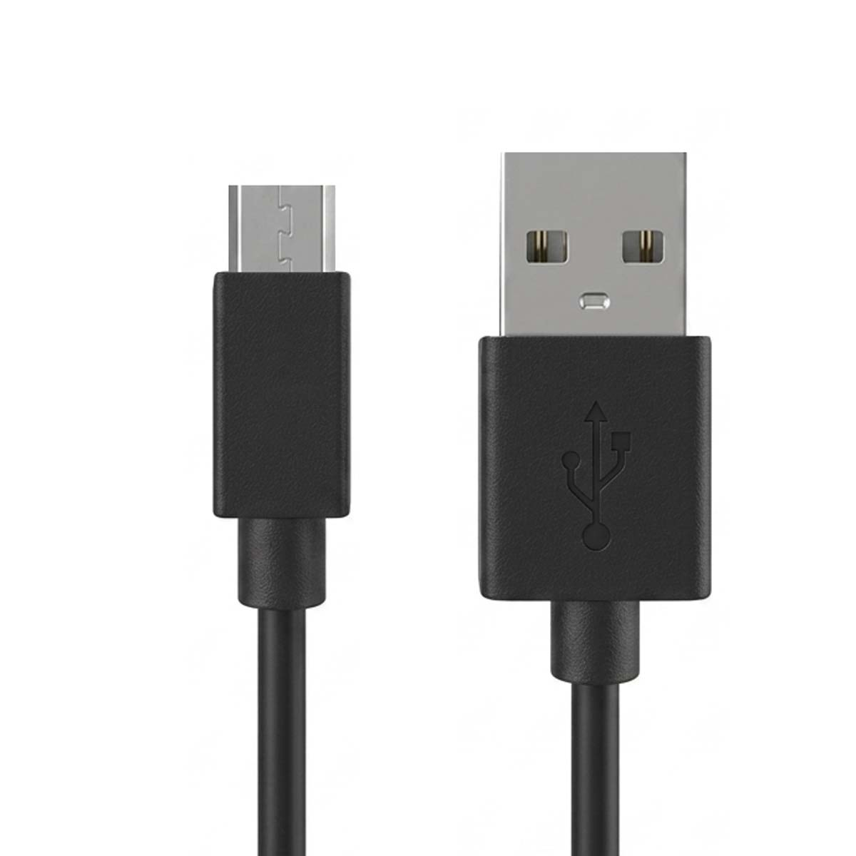 Un cavo micro-USB nero accanto a un connettore USB-A su sfondo bianco.