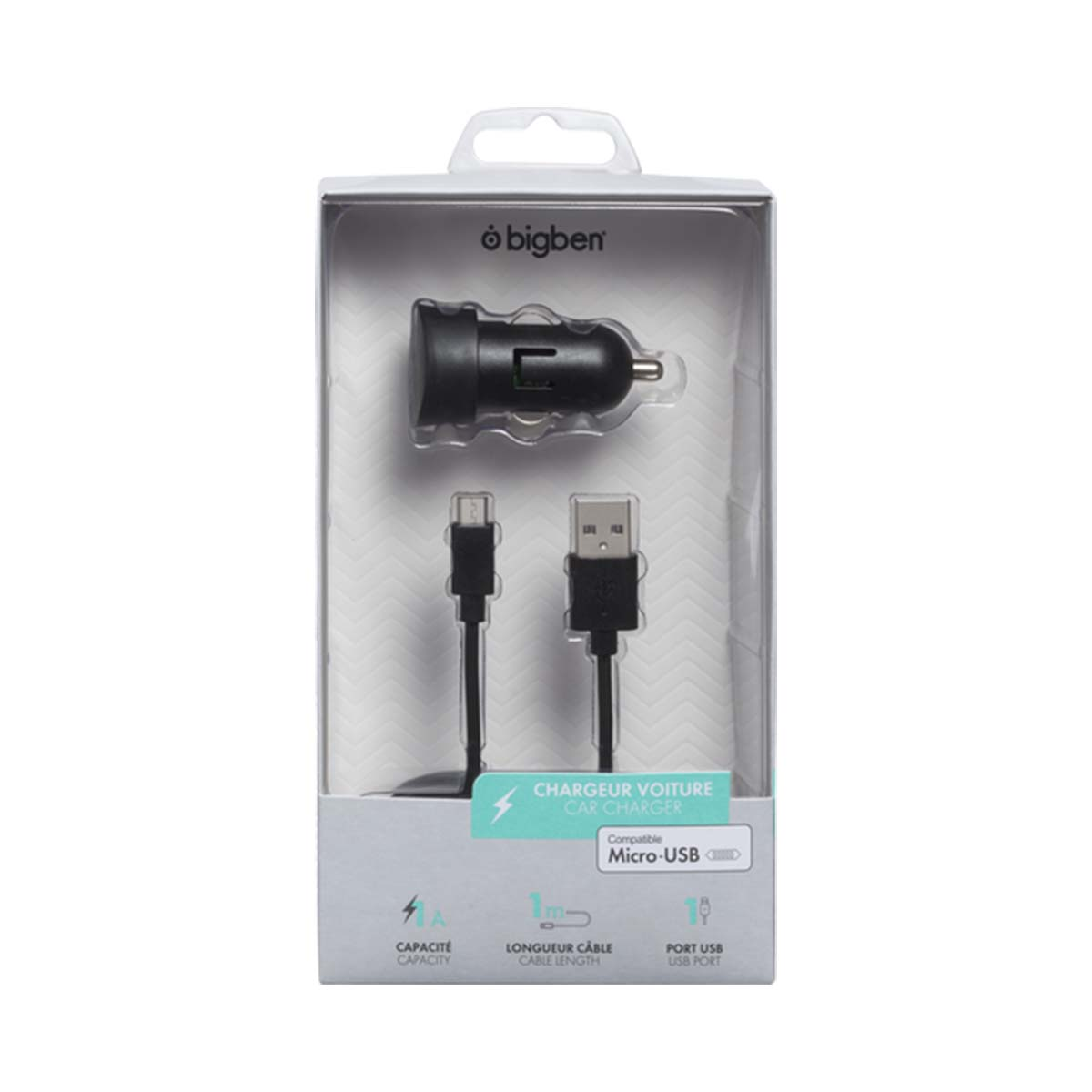 Caricabatterie per auto Bigben nero confezionato con cavo micro-USB.