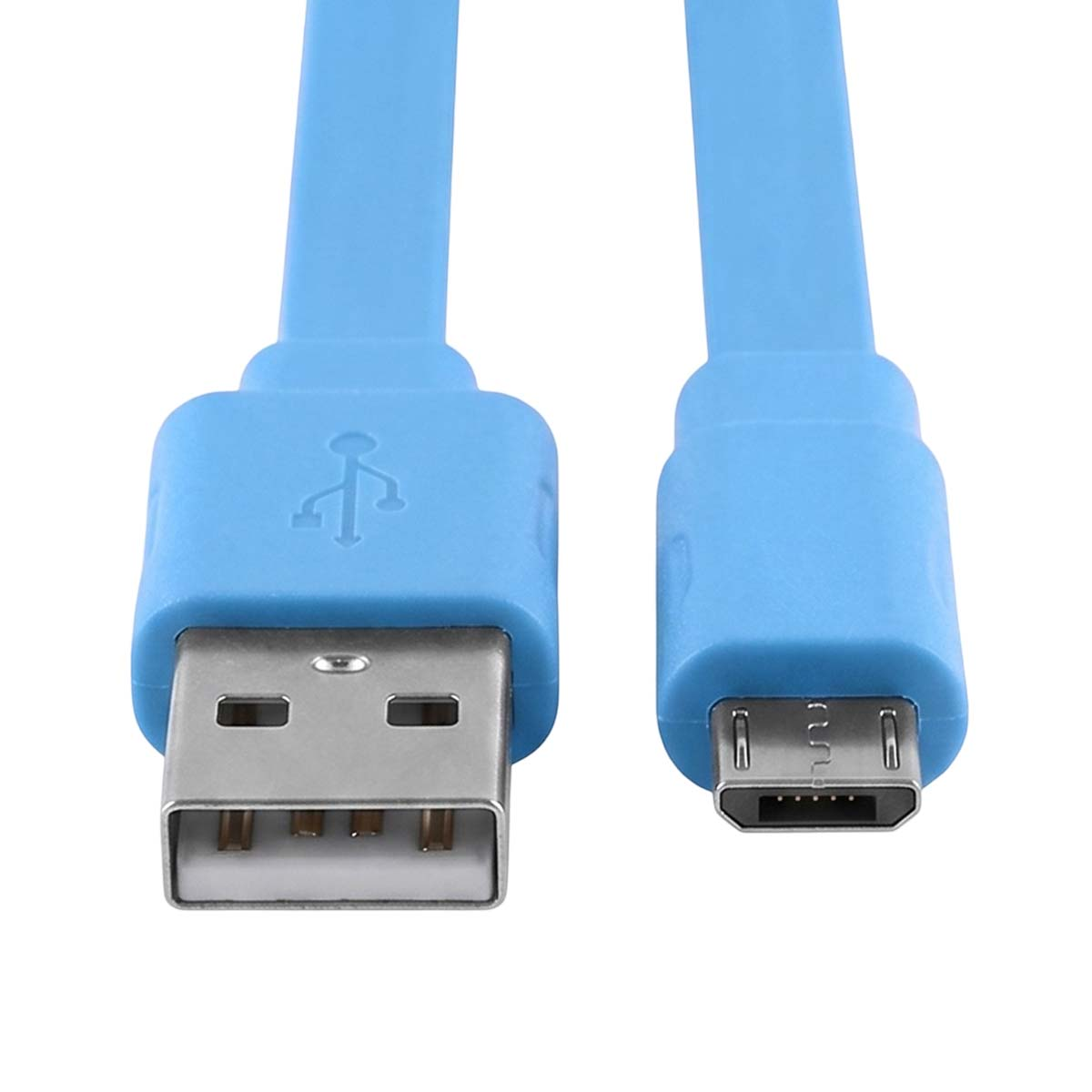 Dwa płaskie, niebieskie kable USB, z lewej strony ze standardowym złączem USB-A, z prawej z mikro-USB.