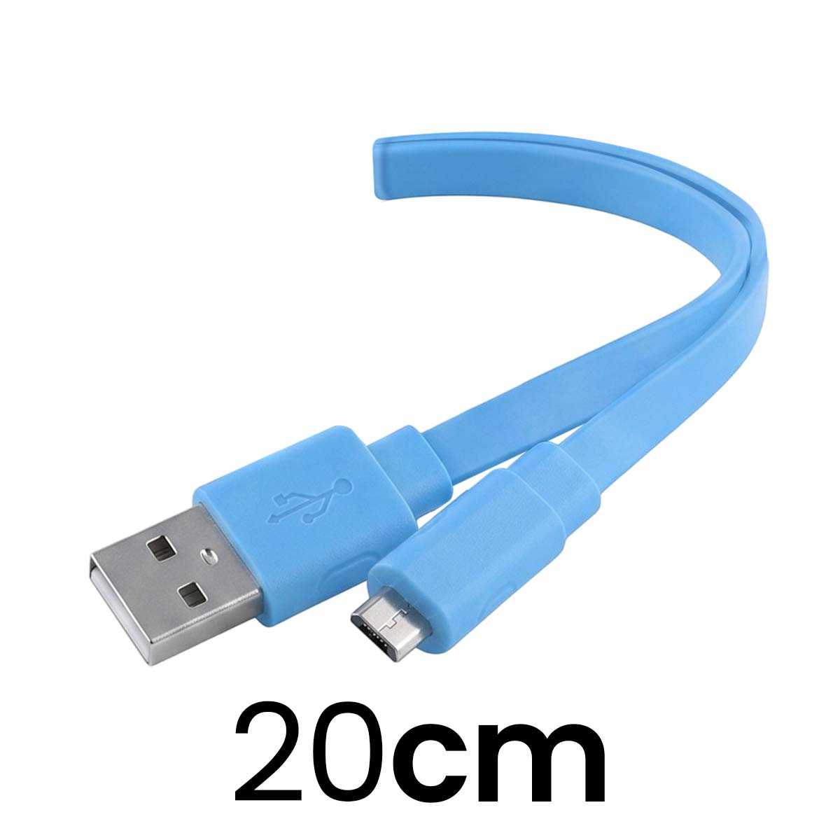 Krótki, jasnoniebieski kabel USB do Micro-USB o długości 20 cm na białym tle.