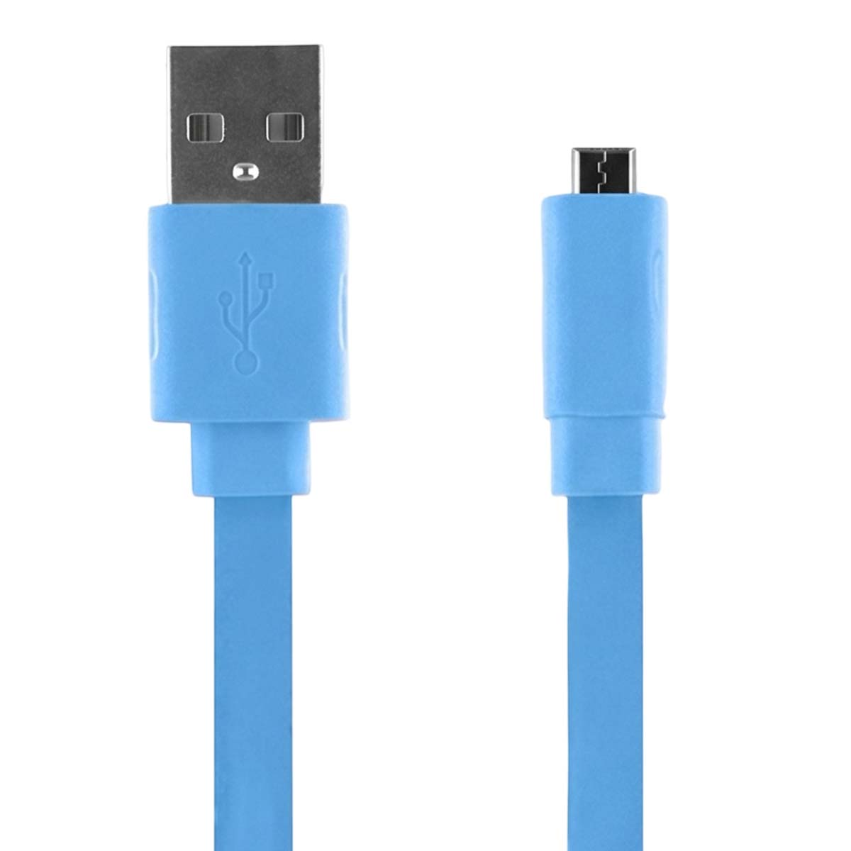 Niebieski kabel USB z wtyczką typu A po lewej i Micro-USB po prawej na białym tle.
