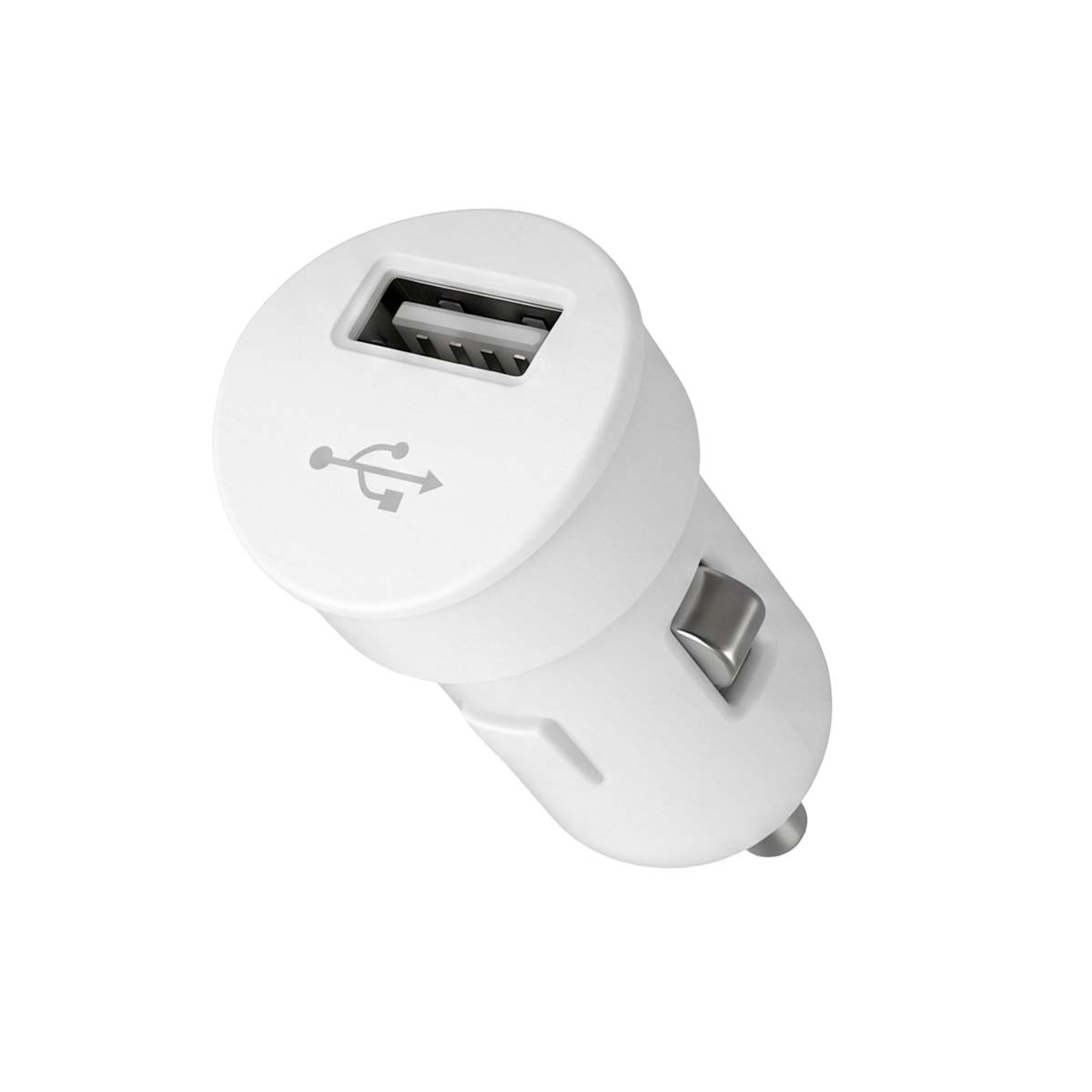 Un caricabatterie per auto USB bianco con una porta USB e contatti metallici argentati.