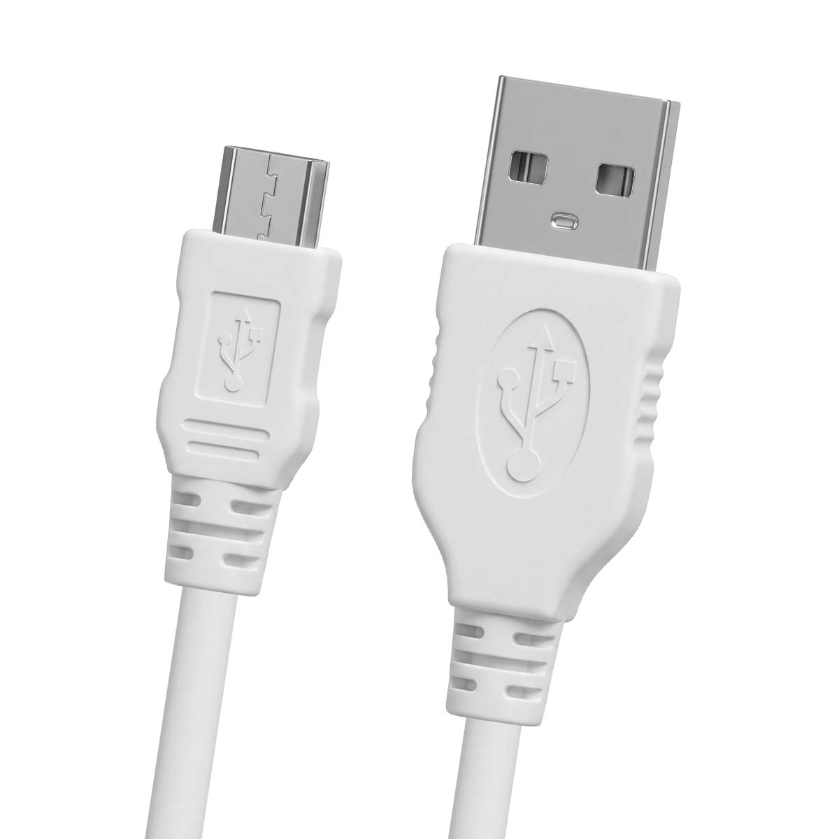 Un cavo USB bianco con un connettore micro USB a sinistra e un connettore USB-A a destra su sfondo chiaro.