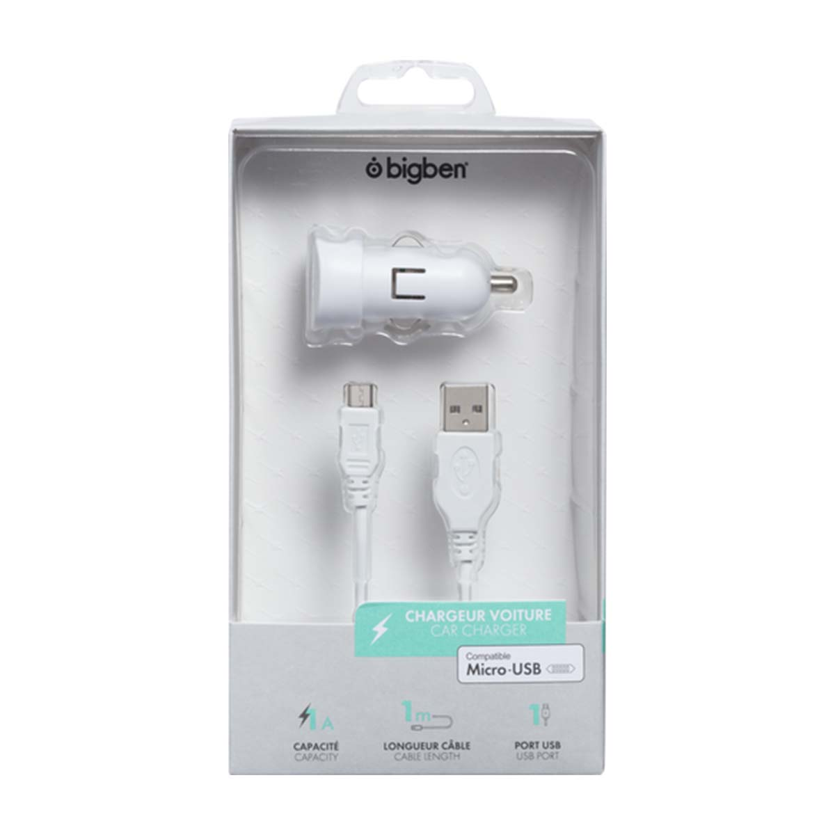 Caricabatterie per auto Bigben bianco in confezione con cavo USB.
