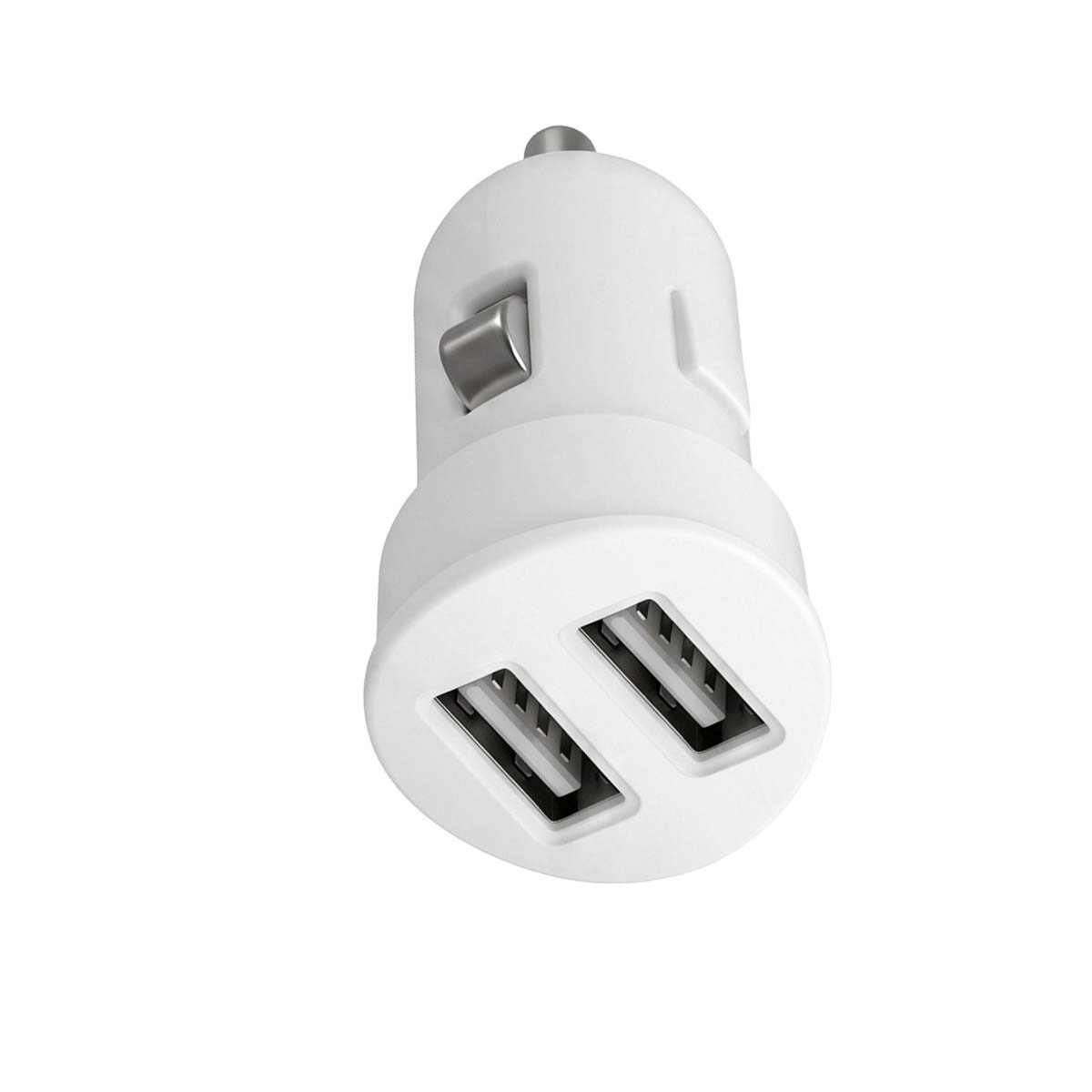 Adattatore per caricabatteria da auto USB doppio bianco su sfondo bianco.
