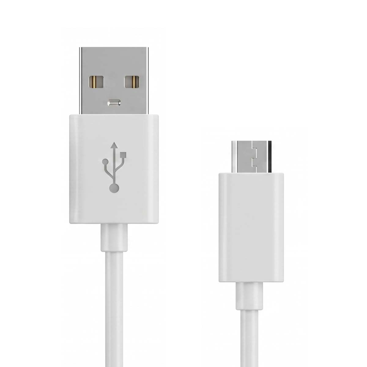 Un cavo USB bianco con un connettore USB-A standard a sinistra e un connettore Micro-USB a destra.