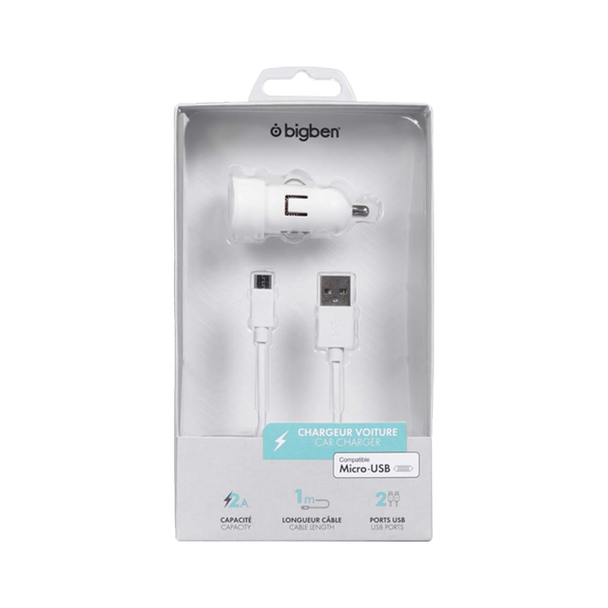 Caricabatterie per auto Bigben bianco con cavo USB nella confezione originale.