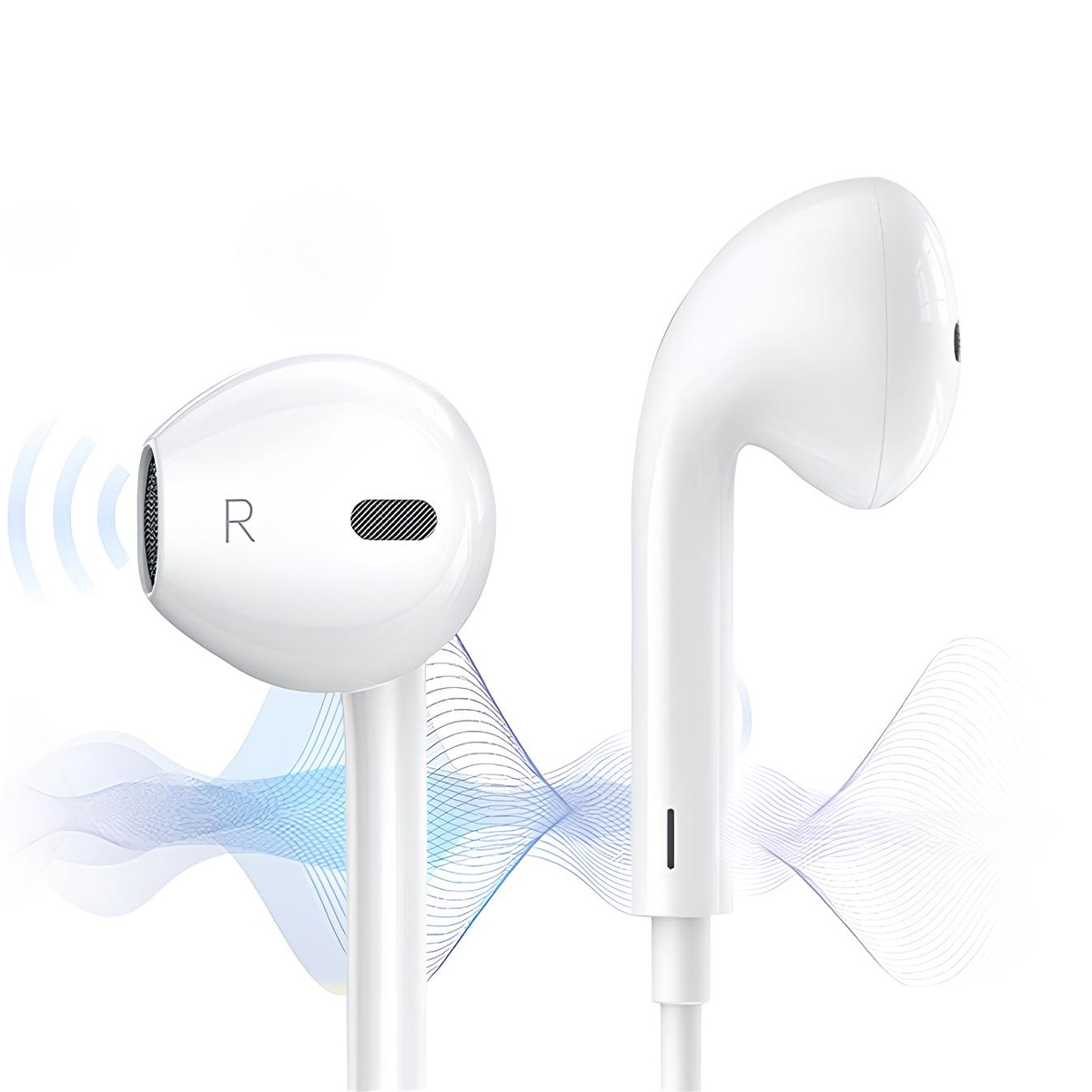 Due auricolari cablati bianchi su sfondo bianco, con onde sonore blu e la lettera R.