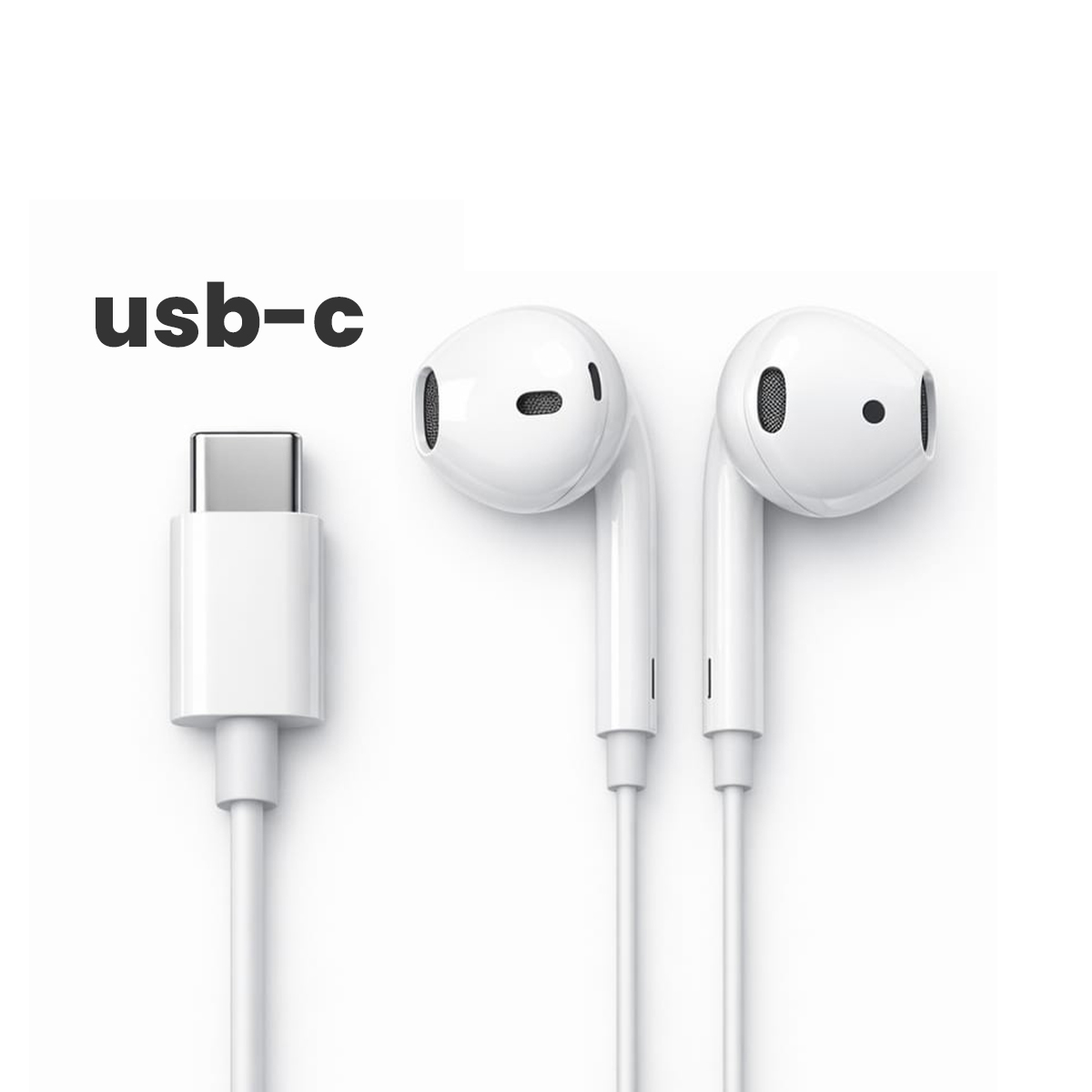 Auricolari cablati USB-C bianchi con connettore su sfondo bianco.