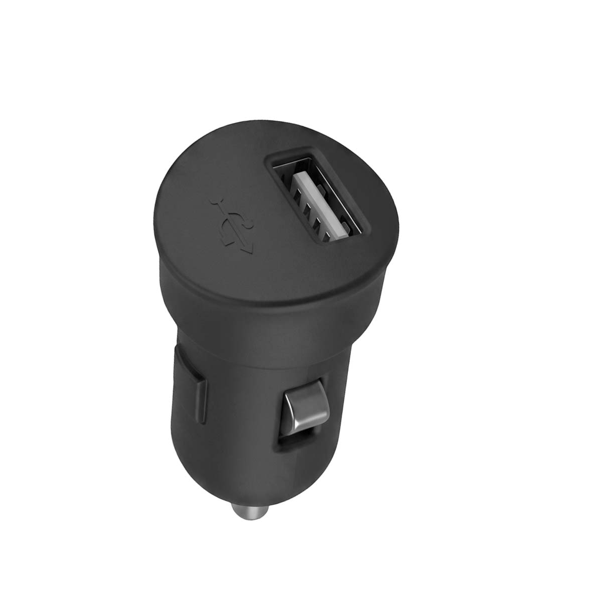 Un adattatore di ricarica USB nero per auto con una porta USB e contatti metallici su sfondo bianco.