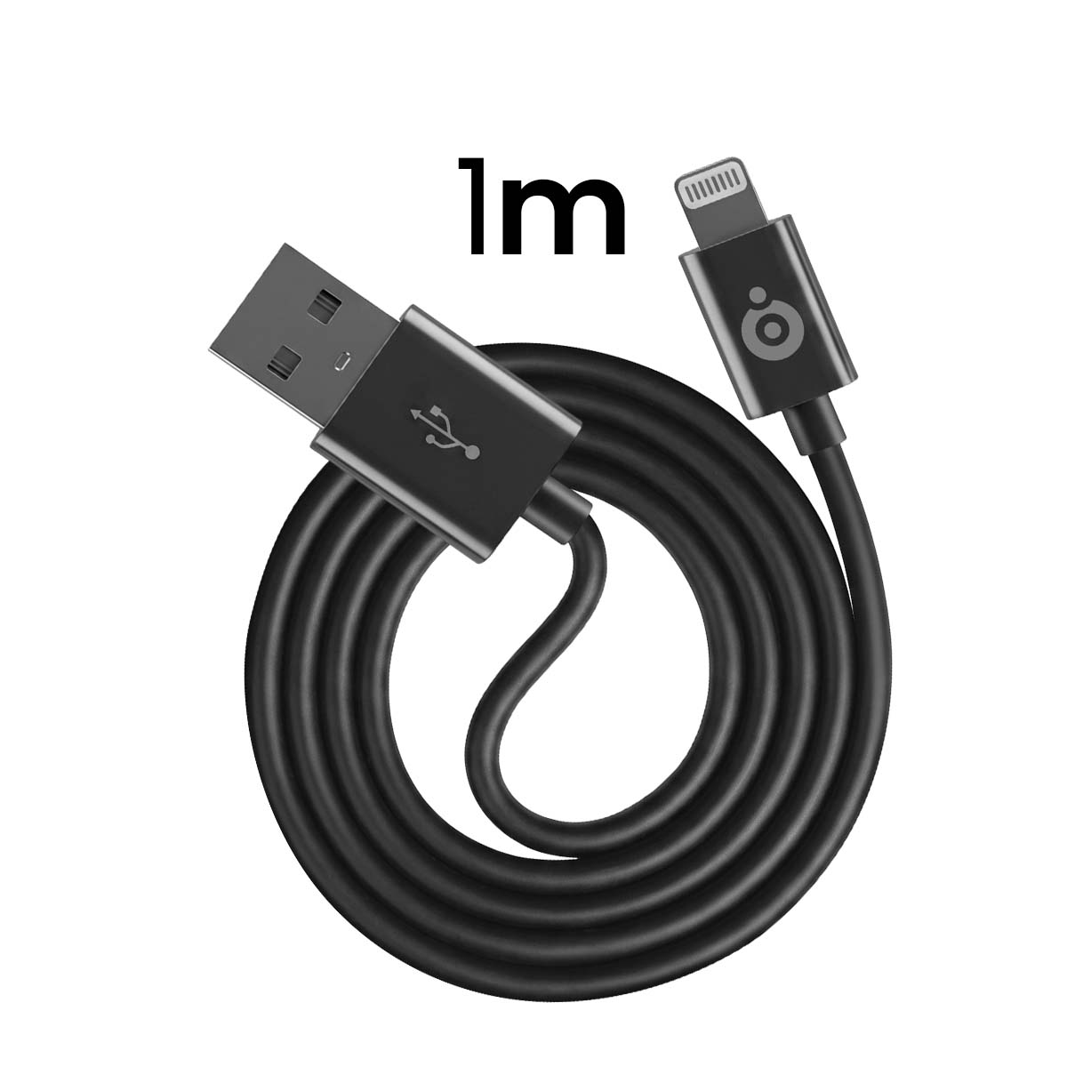 Un cavo USB nero arrotolato da 1m con connettori USB-A e Lightning su sfondo bianco.